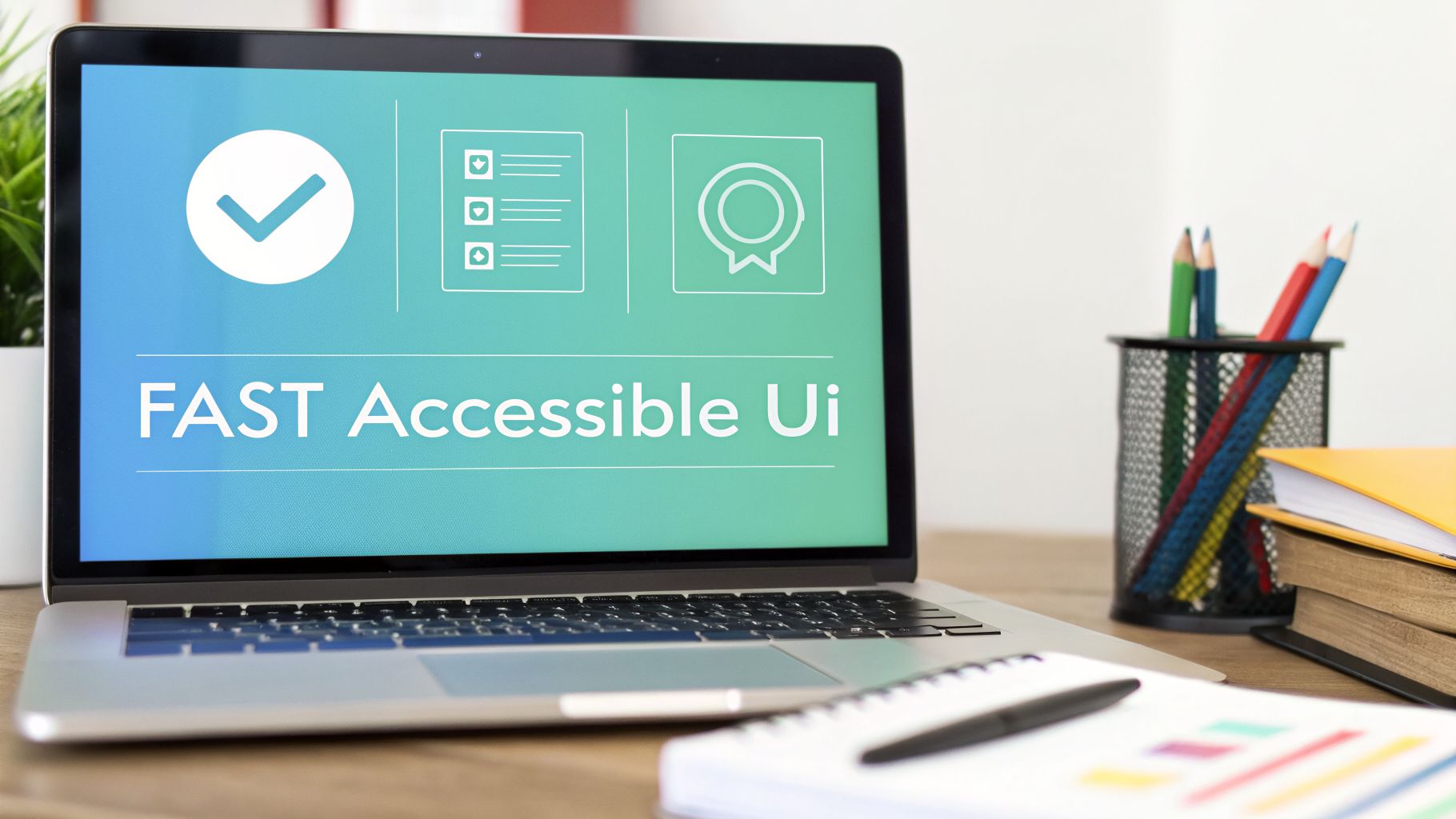 A laptop screen displays 'FAST Accessible Ui' with design icons, on a desk with office supplies.