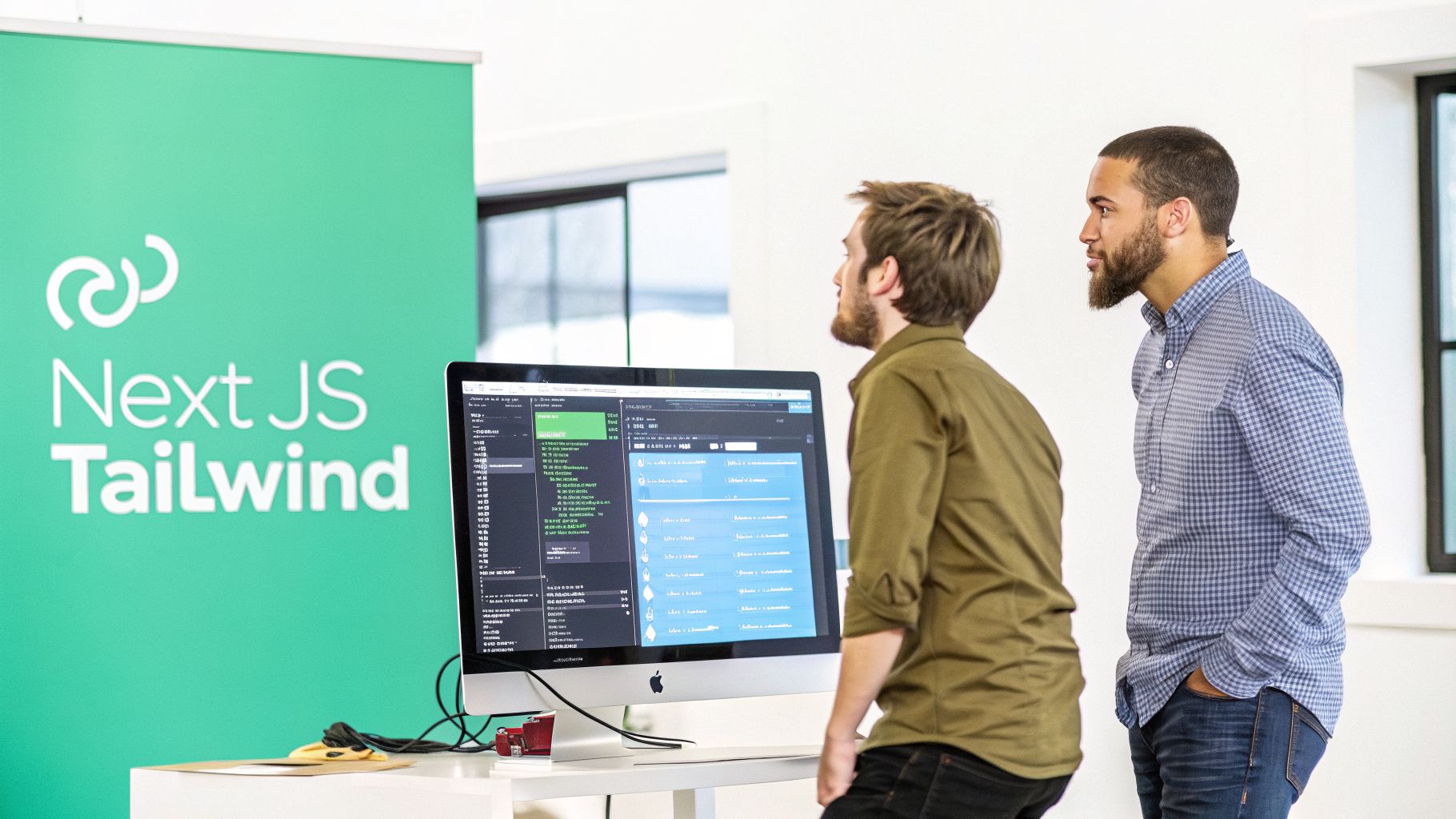 Two developers collaborate, reviewing code and an application on a monitor with a Next JS Tailwind banner.