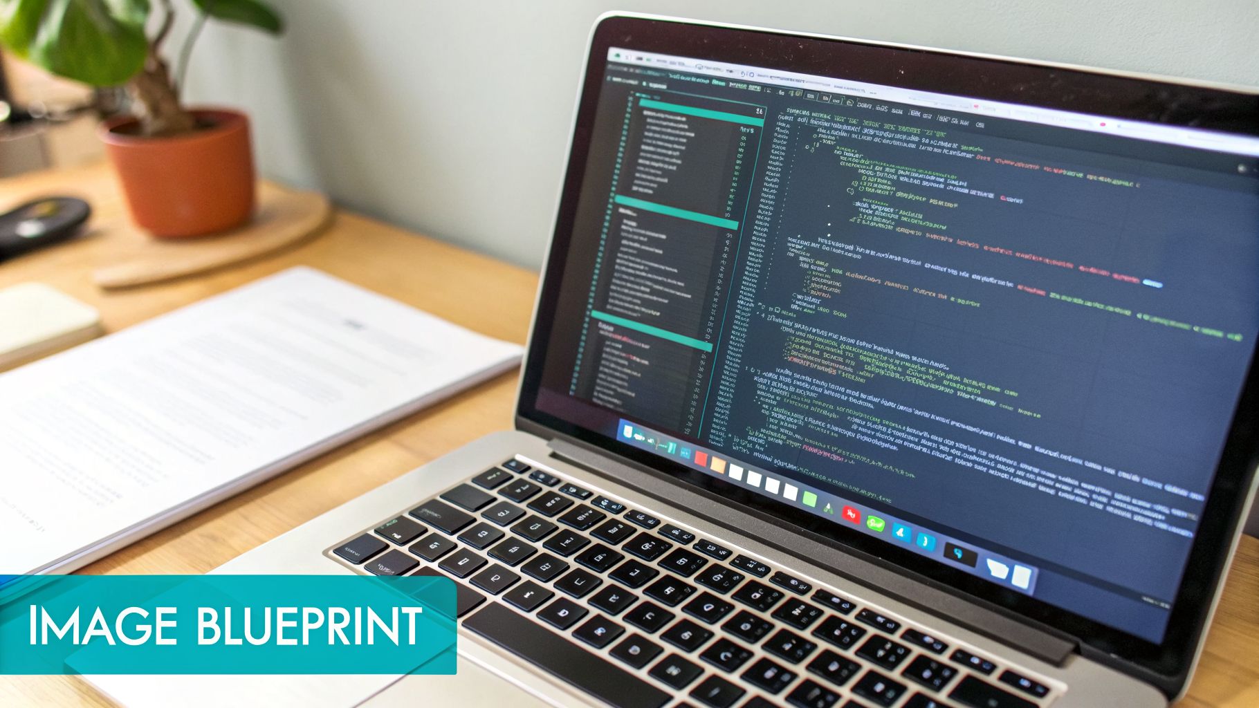 A silver laptop displays code on a wooden desk with a document and potted plant.