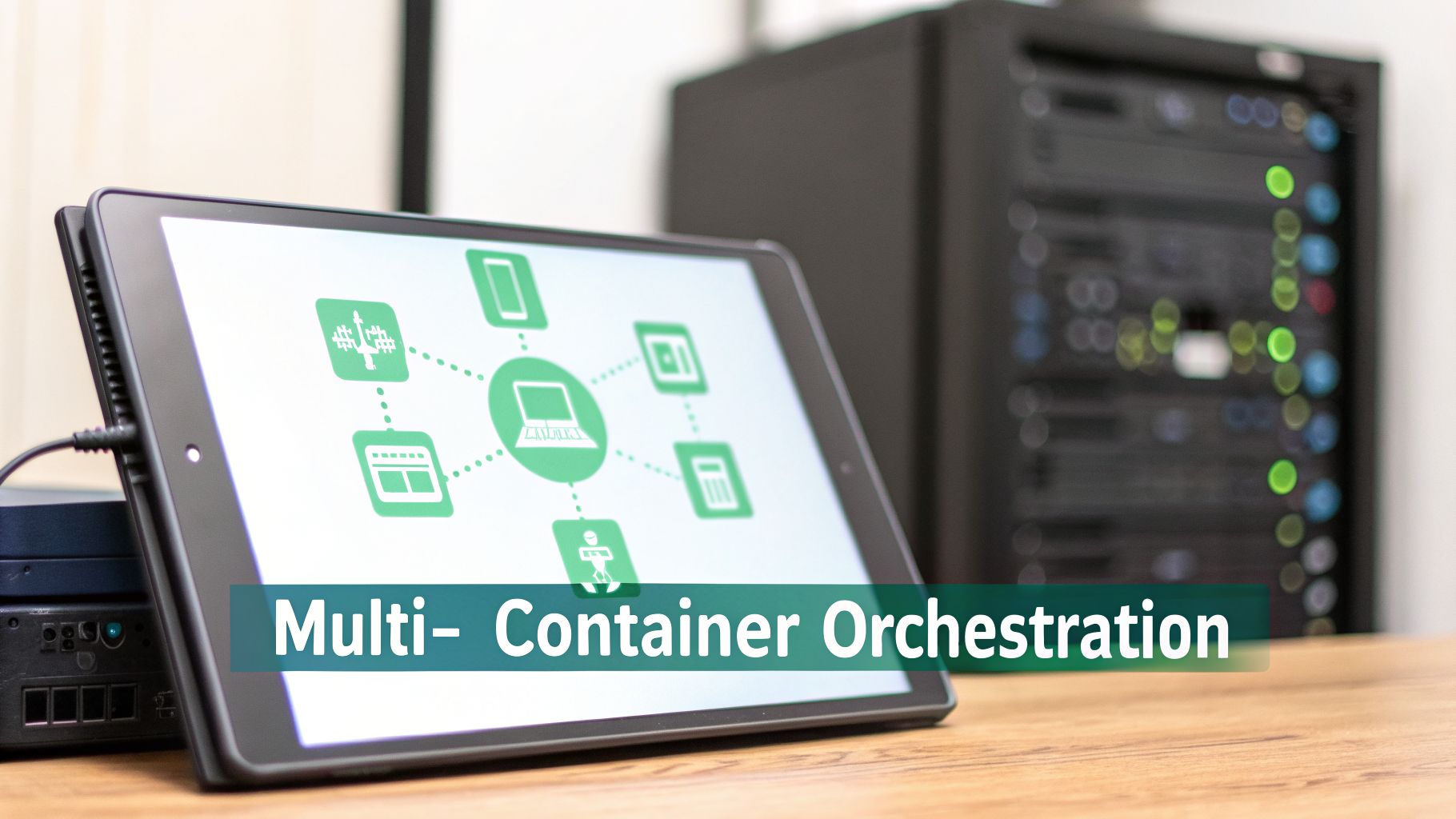 Tablet displaying a multi-container orchestration diagram, with a central laptop icon connected to various service icons.