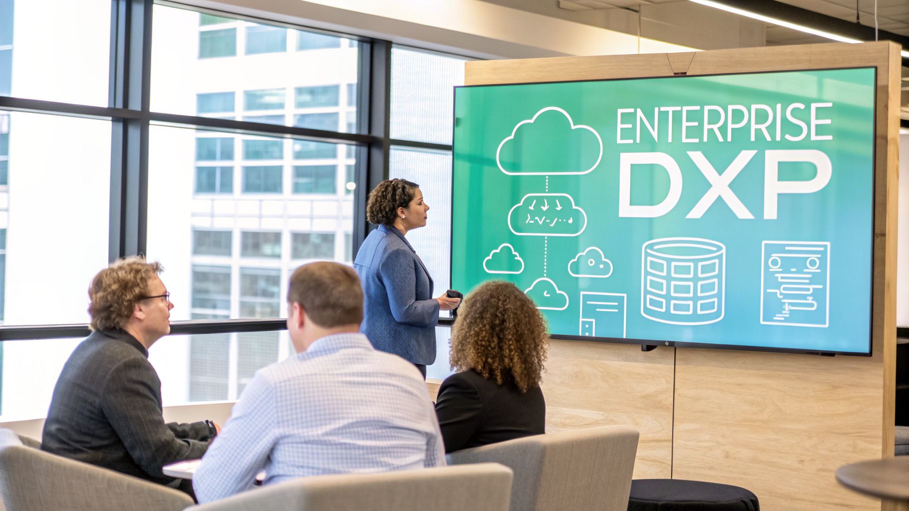 A woman presents 'Enterprise DXP' on a large screen to three seated colleagues in a modern office.