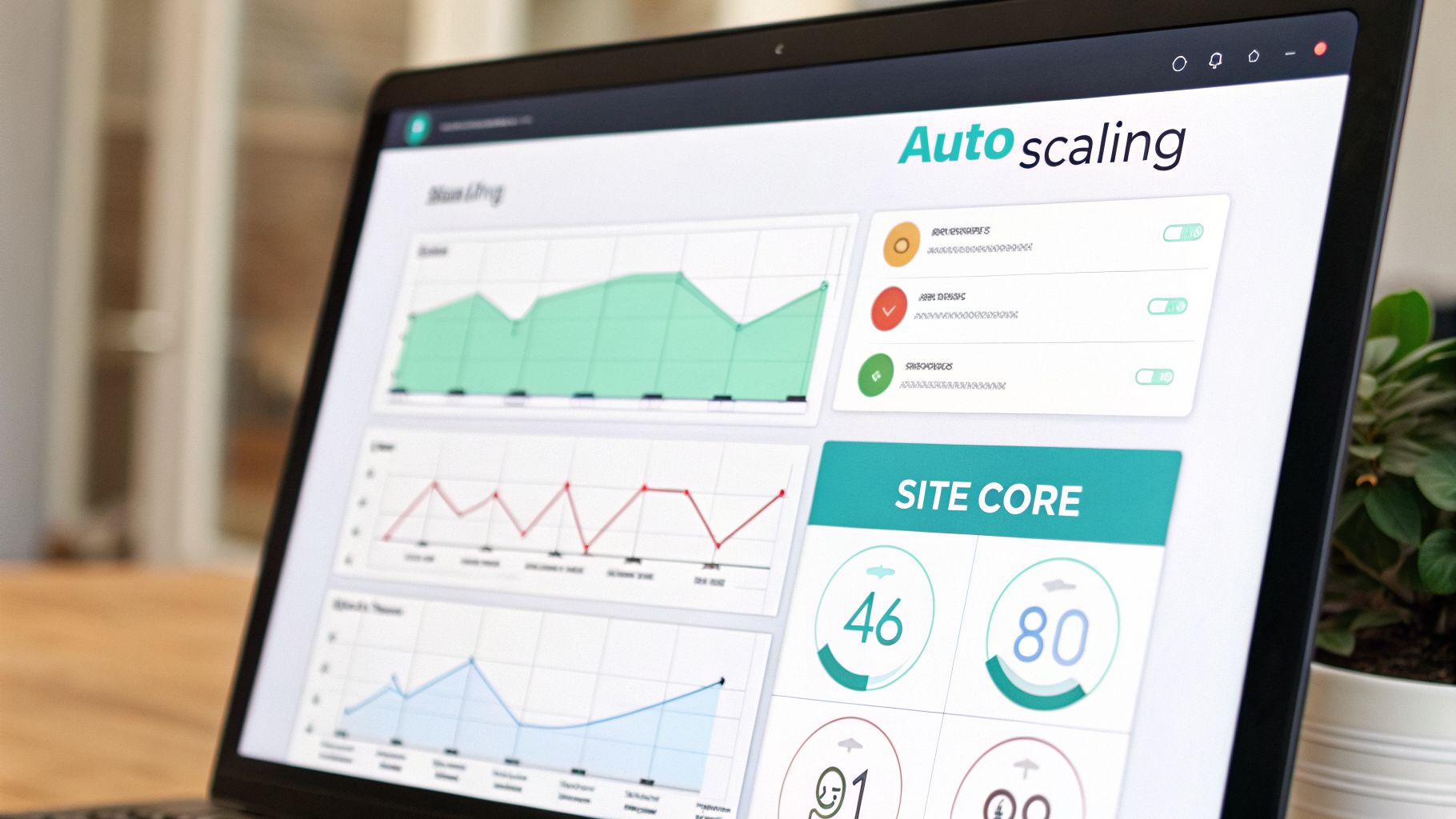 Close-up of a laptop screen showing an 'Autoscaling' dashboard with graphs and site core metrics.