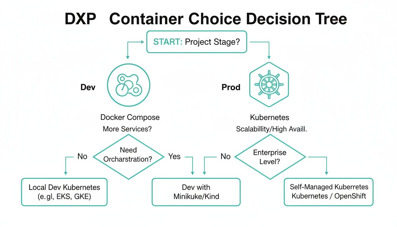 A DXP container choice decision tree, distinguishing between development and production stages with Docker Compose and Kubernetes options.