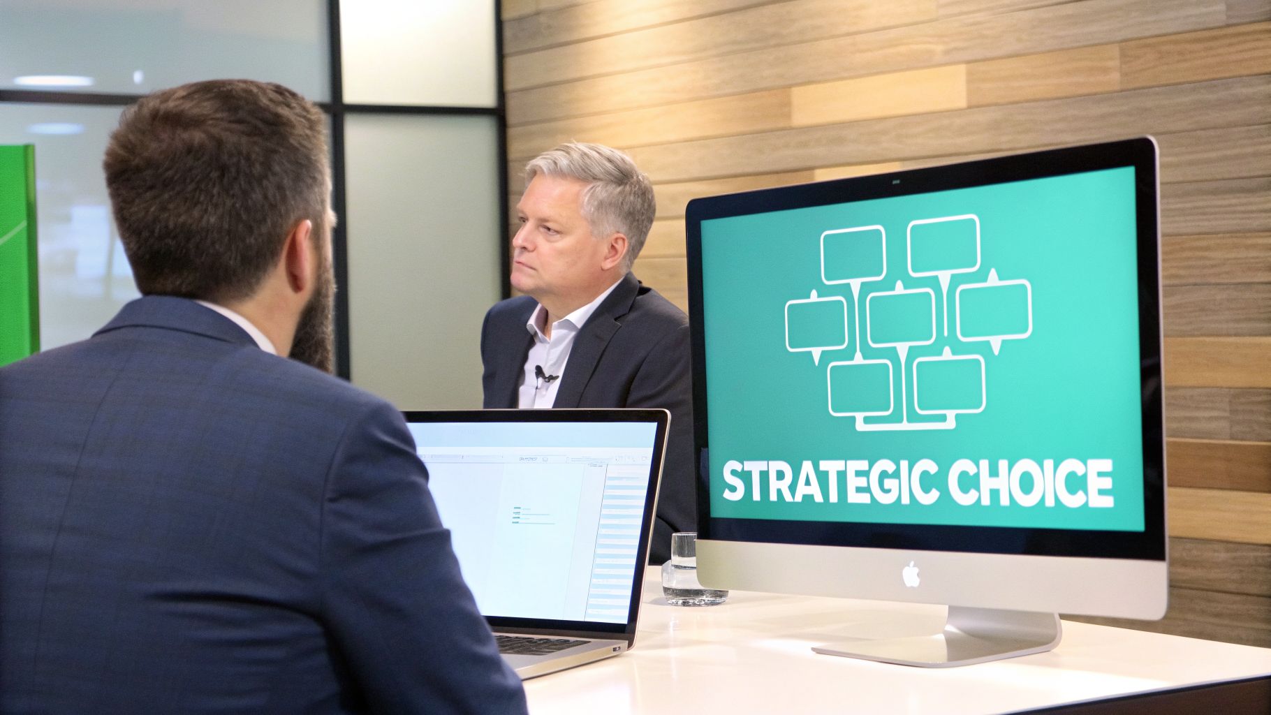 Two professionals in an office, discussing strategy with a "Strategic Choice" presentation on screen.