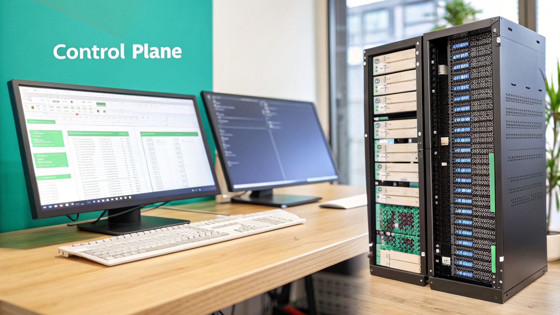 A technical workspace with two monitors, a keyboard, mouse, and two server racks, under "Control Plane" text.