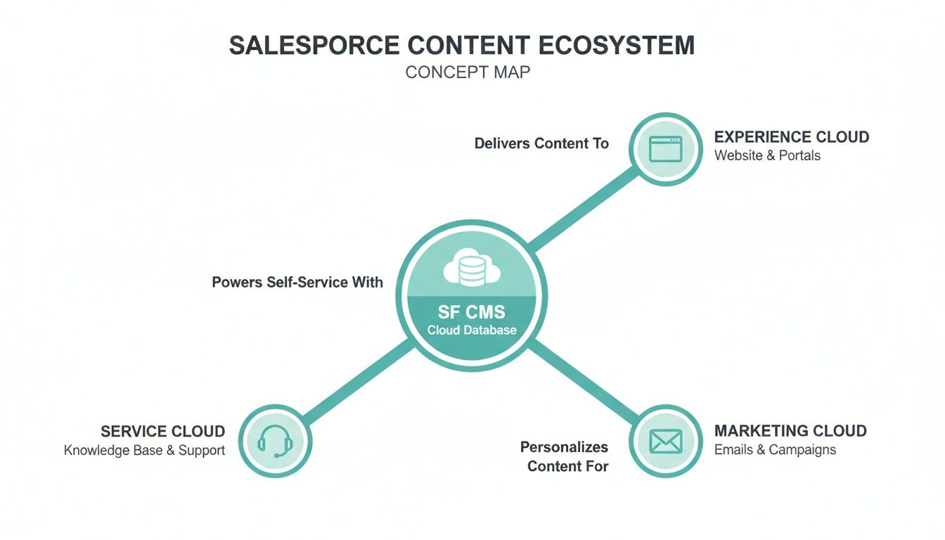 A concept map illustrating the Salesforce Content Ecosystem with SF CMS Cloud Database at its core.