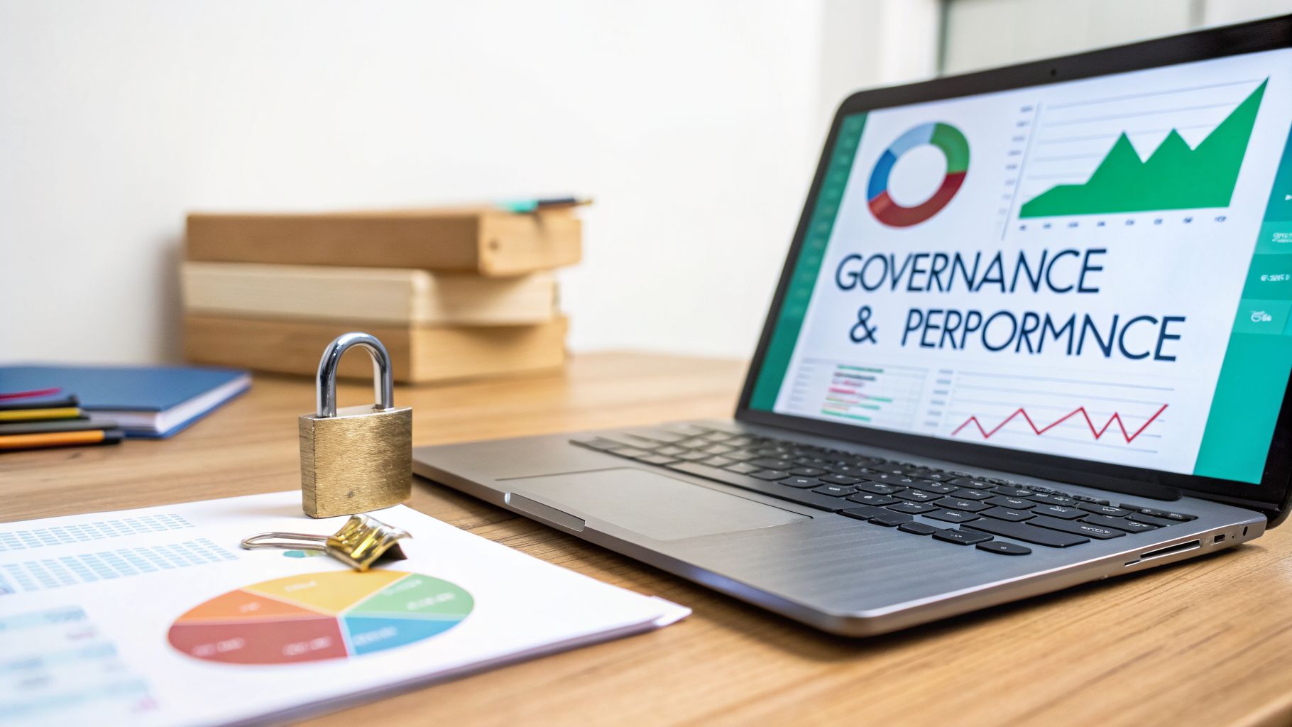 A laptop displays governance and performance charts next to a padlock, symbolizing data security.