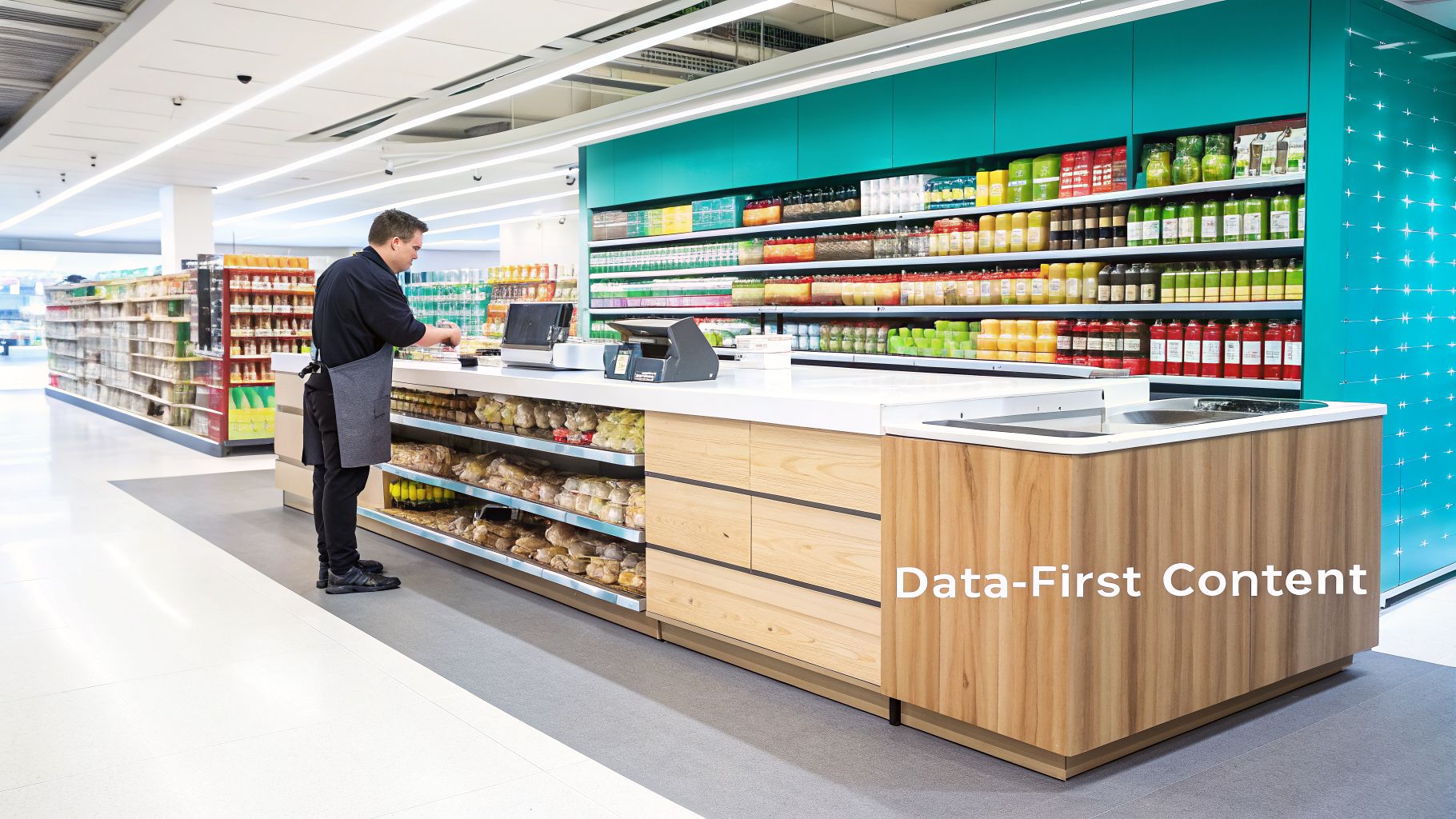 A male employee scans items at a modern grocery store checkout counter with stocked shelves.
