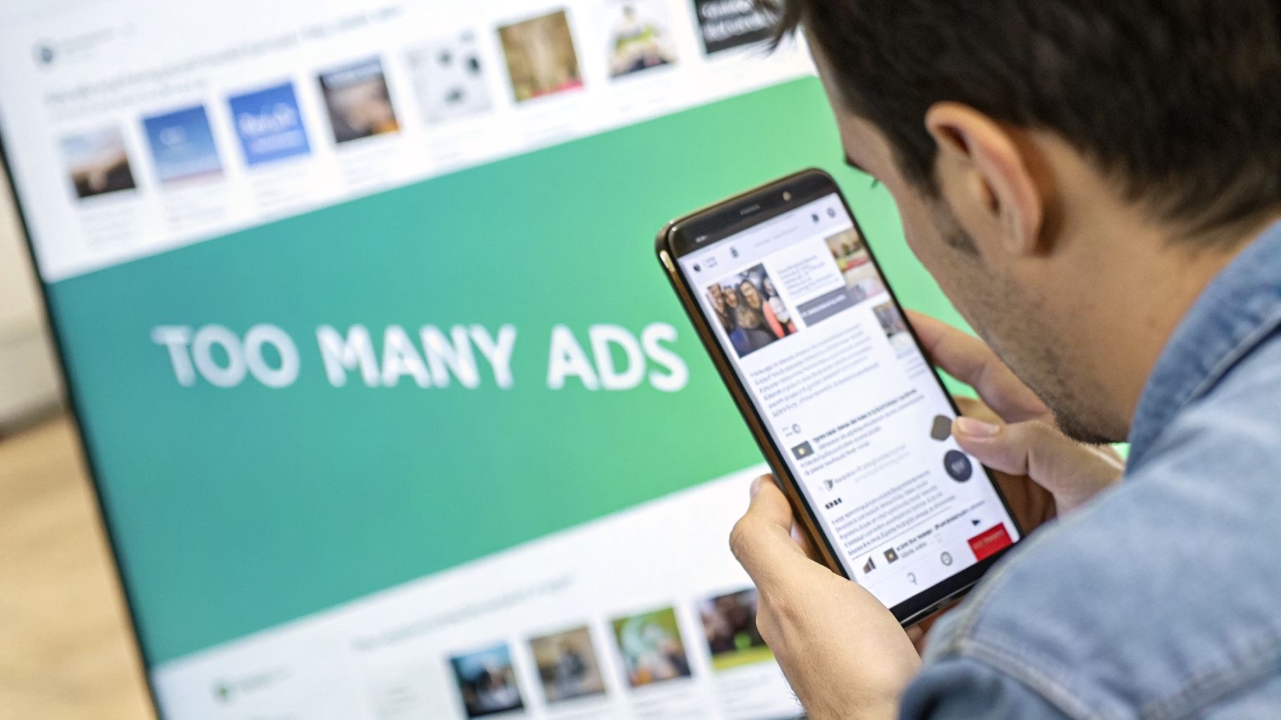 A man views his smartphone with a blurred background screen showing the text 'TOO MANY ADS'.