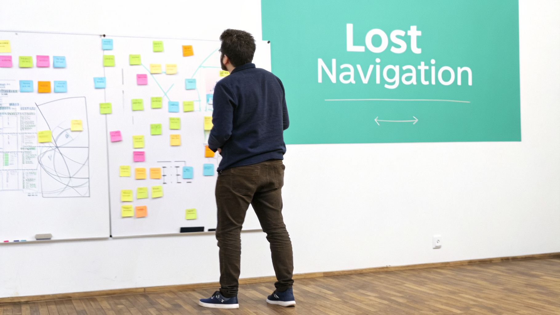 Man analyzes a whiteboard with colorful sticky notes and UX diagrams, next to a 'Lost Navigation' display.