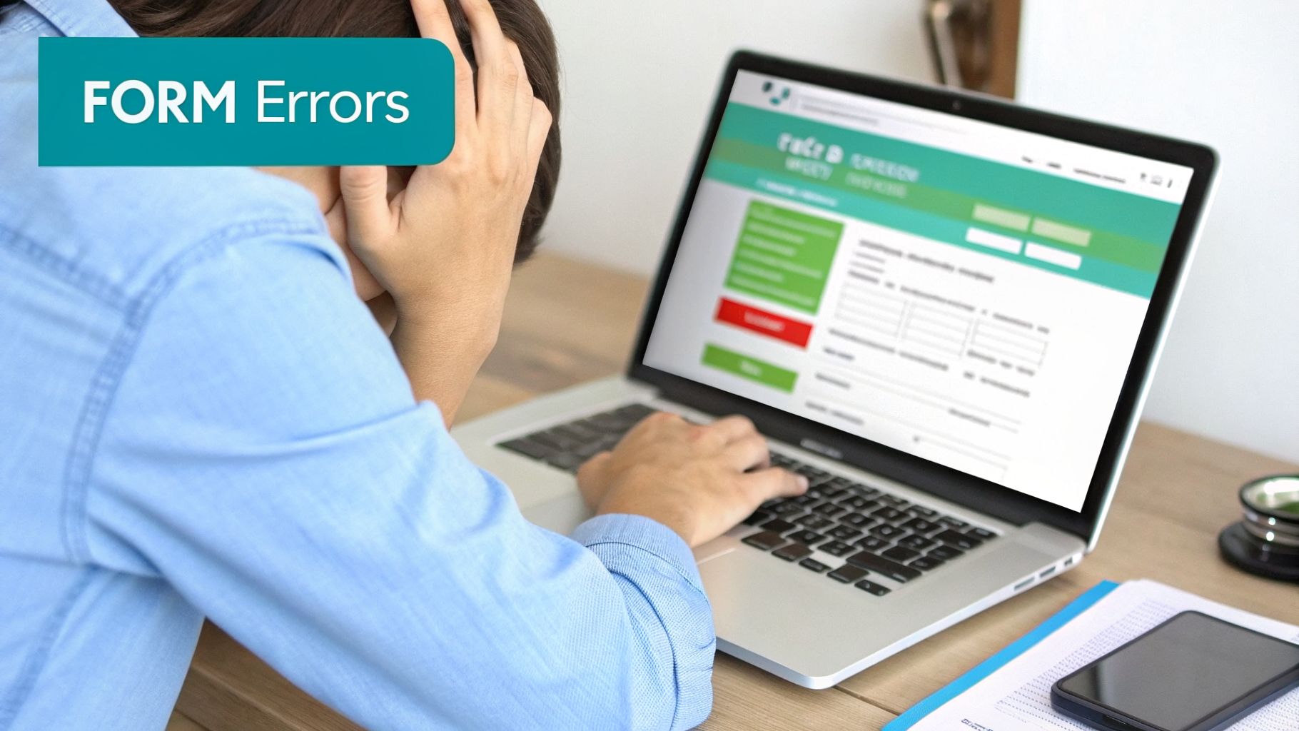 A frustrated person with hands on head, looking at a laptop screen displaying form errors.
