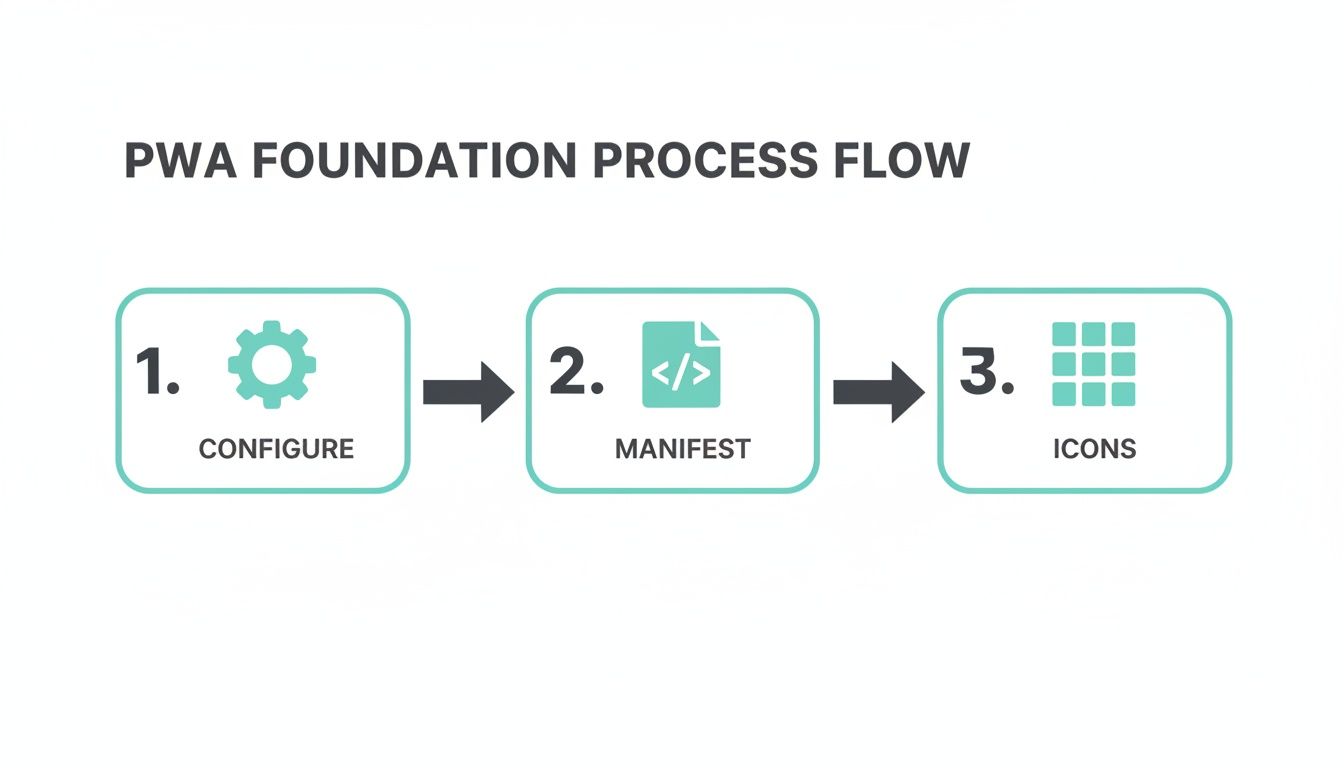 A PWA foundation process flow diagram showing three steps: configure, manifest, and icons with arrows.