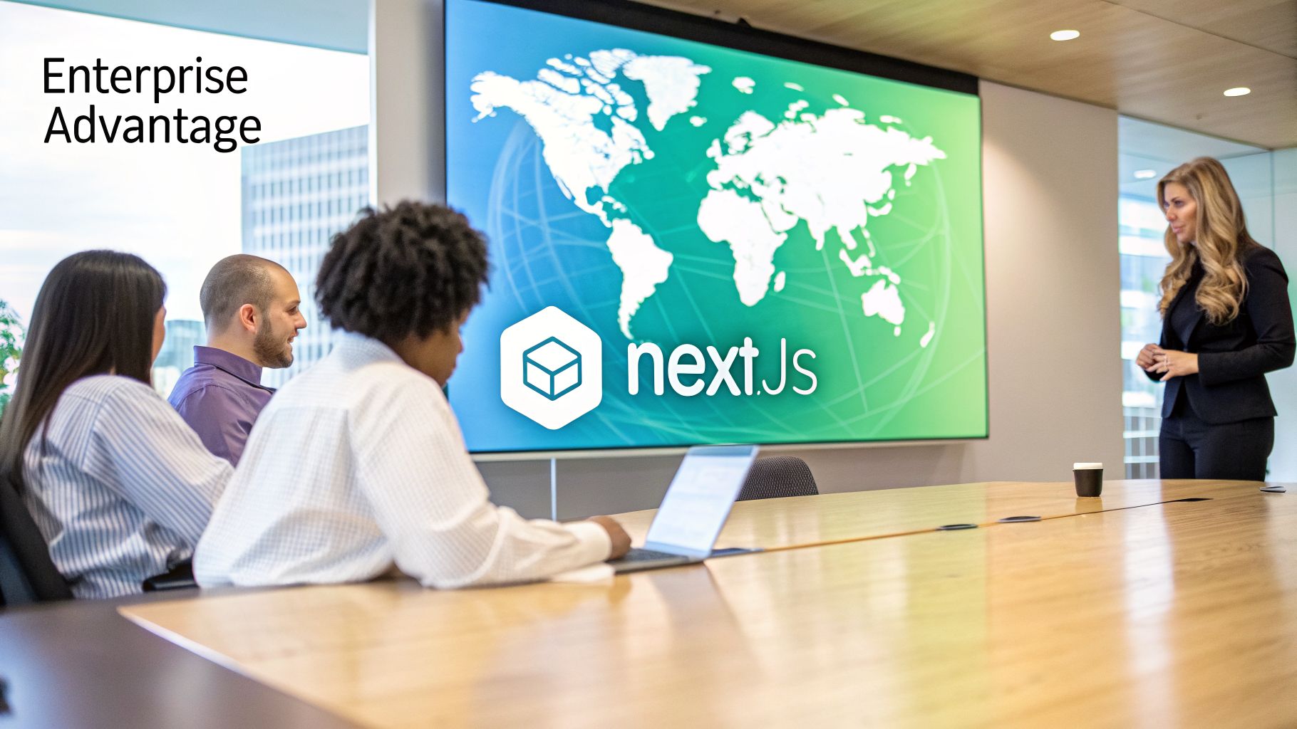Professionals attend a Next.js presentation in a modern office, featuring a world map on a large screen.