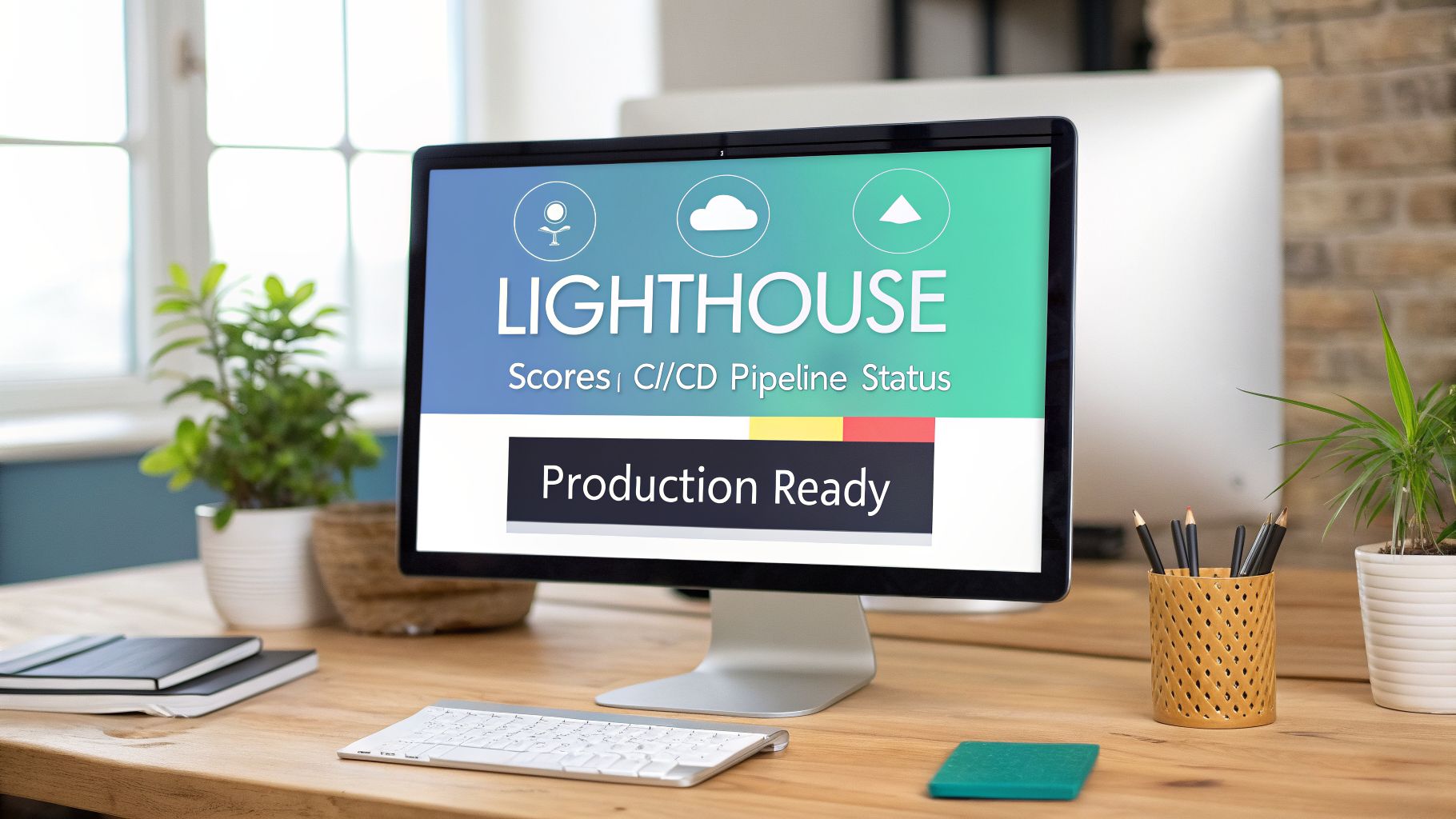A monitor displays Lighthouse scores, CI/CD pipeline status, and 'Production Ready' on a modern desk.