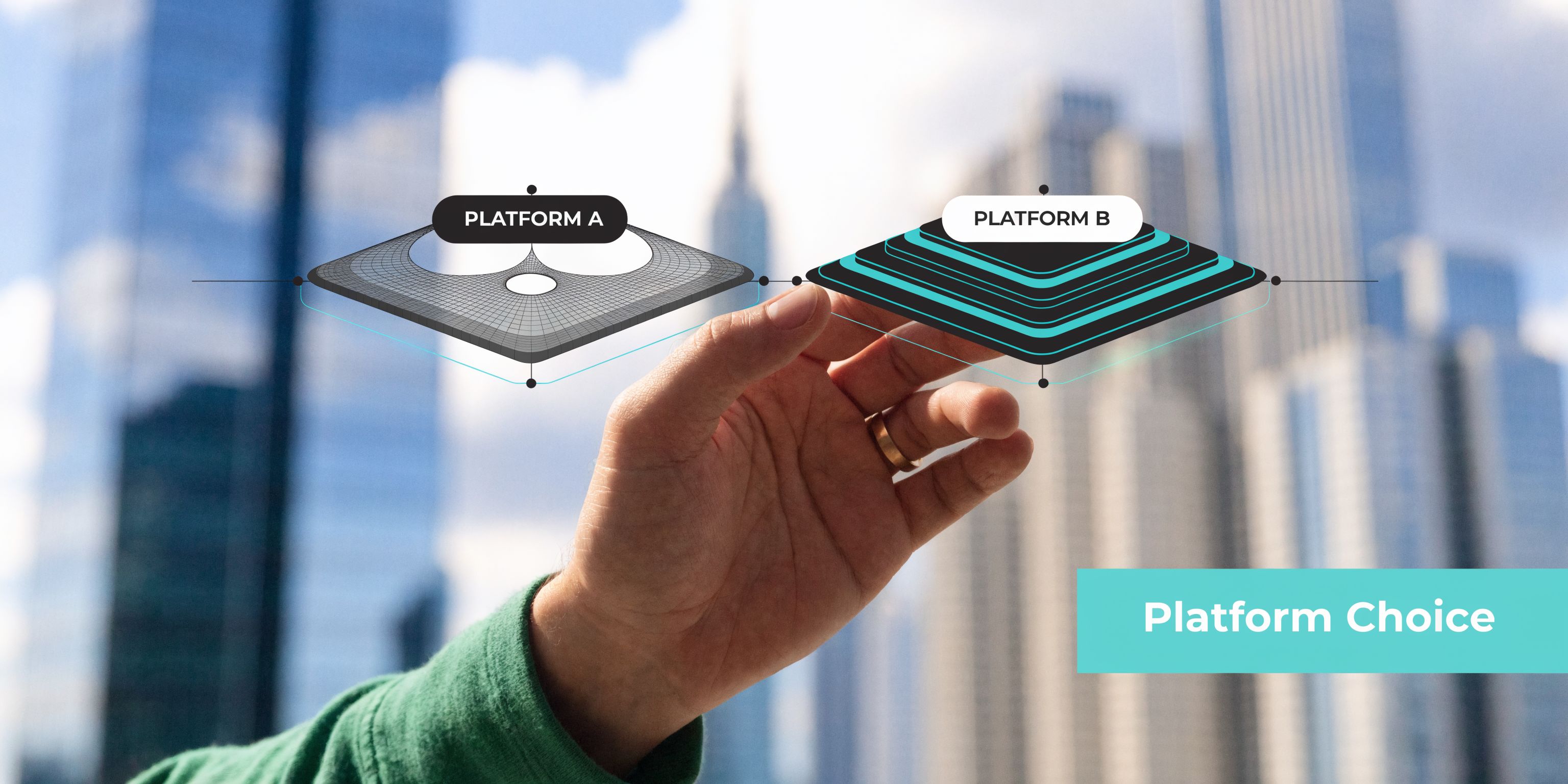 A hand gesturing between two digital platform icons representing options for multiple site management in business.