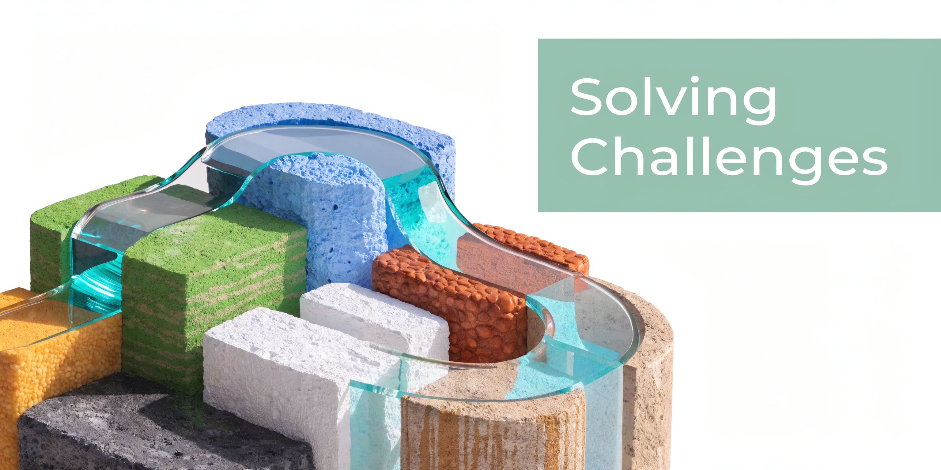 A conceptual sculpture featuring colorful material blocks connected by a flowing clear water channel representing problem solving.