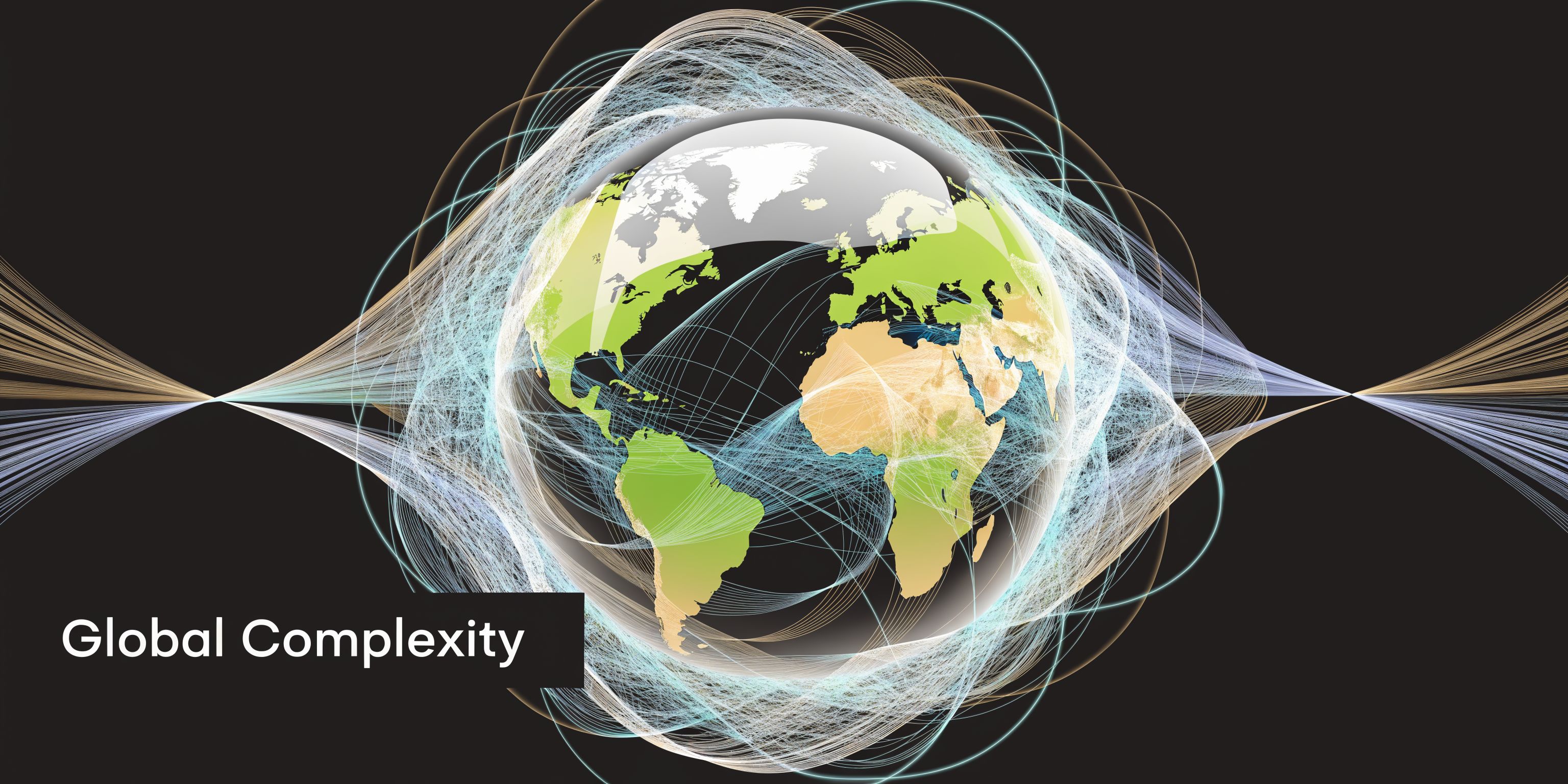 A stylized globe surrounded by complex, swirling digital lines representing global connectivity and modern network systems.