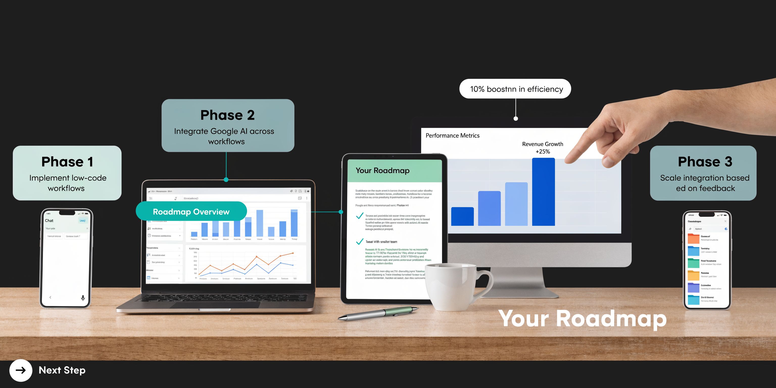 A digital roadmap infographic showing three phases of implementing Google AI workflows to improve business performance metrics.