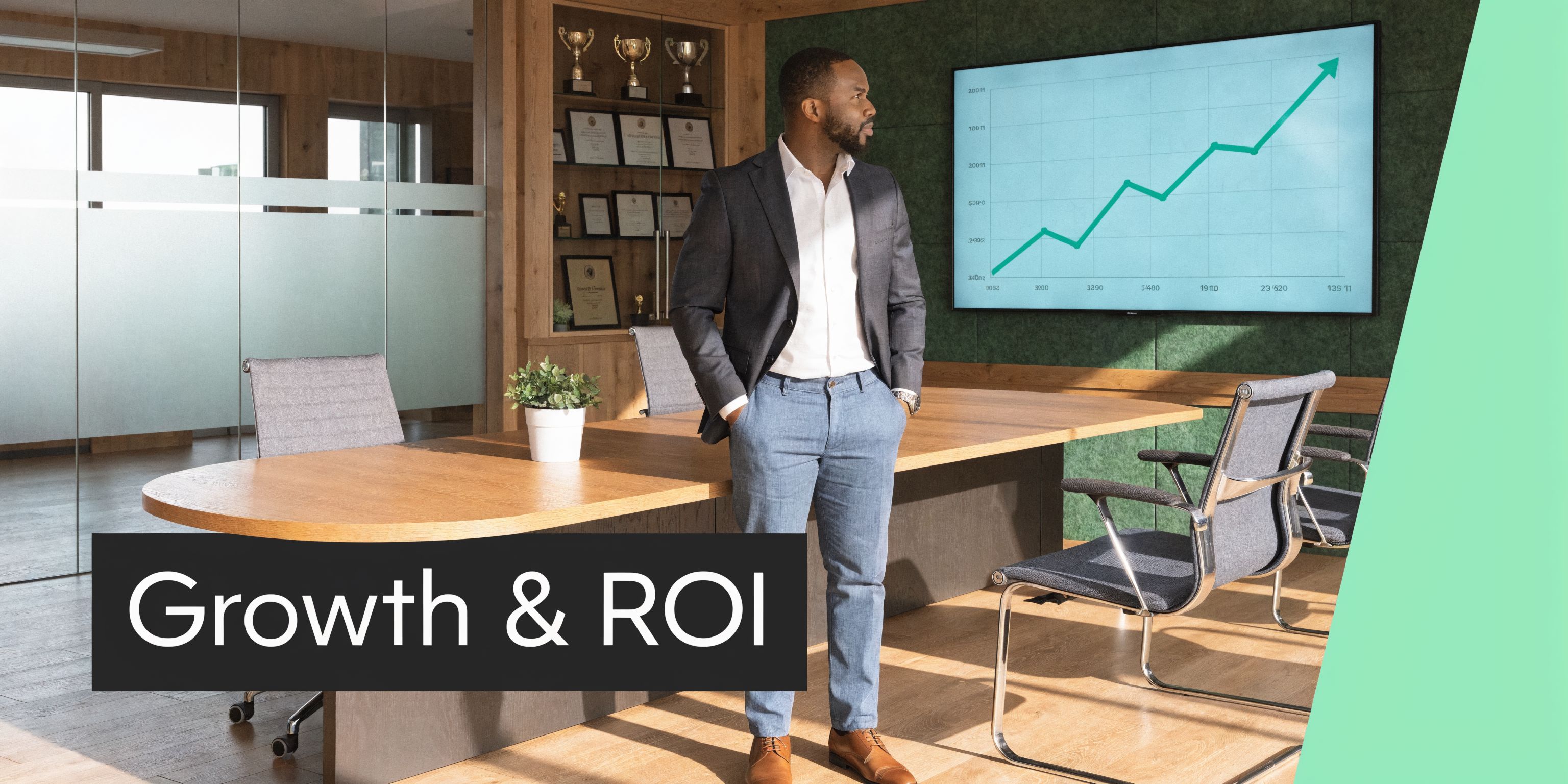 A professional man in a suit standing in a modern office looking at a growth chart.