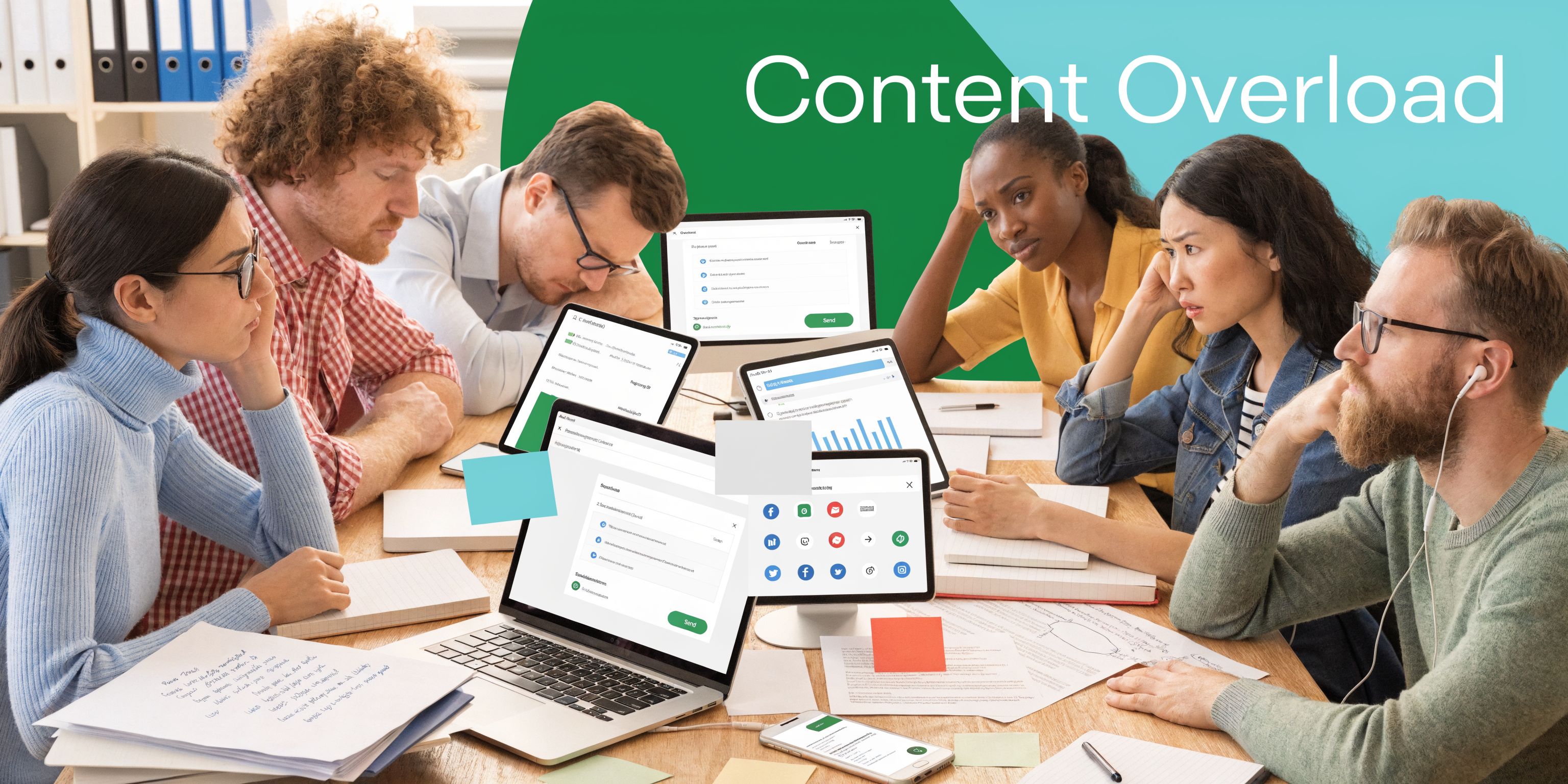 A diverse group of colleagues sitting around a wooden table looking stressed while using multiple digital devices.