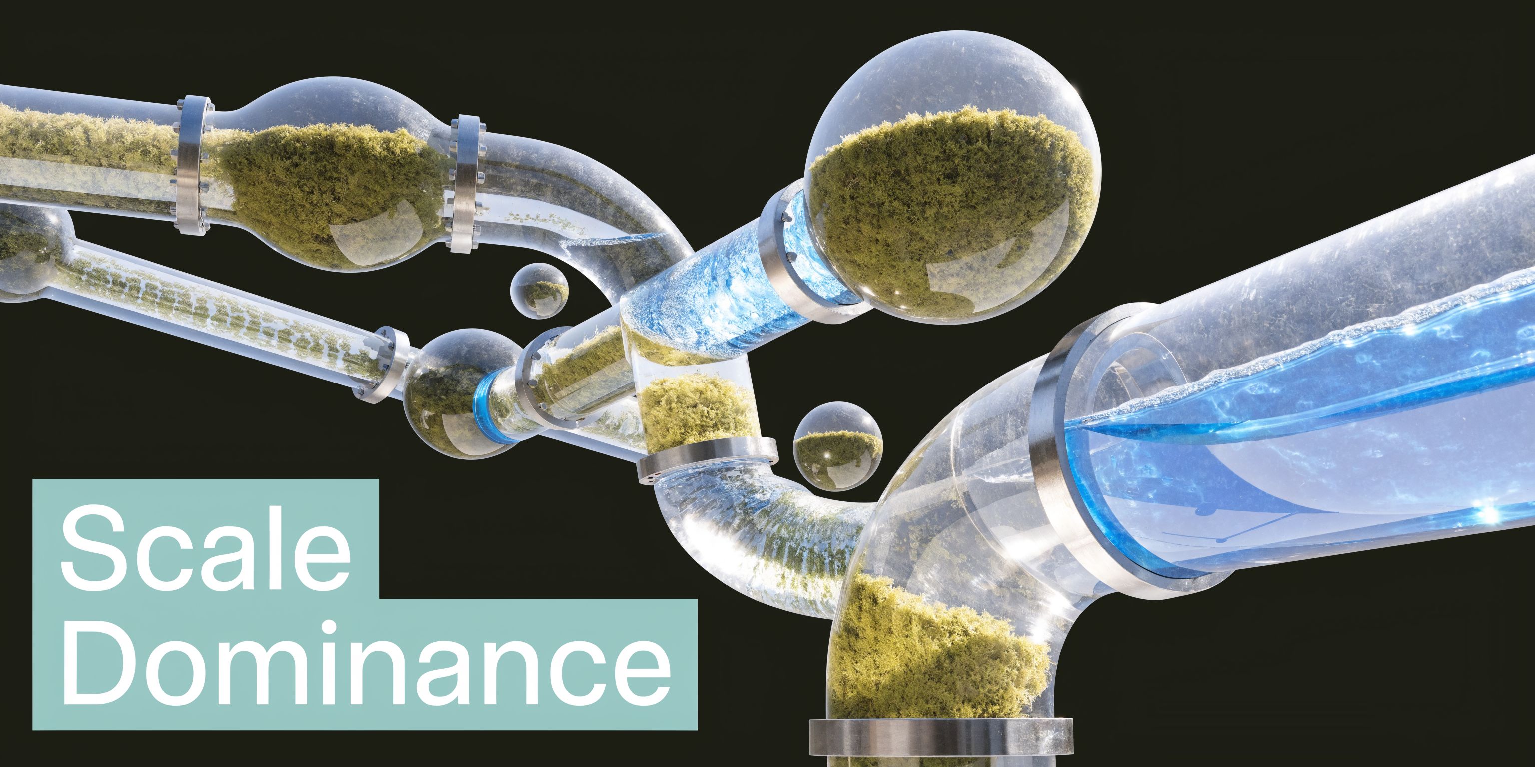 A 3D render showing interconnected clear pipes filled with green moss and flowing blue liquid on black background.