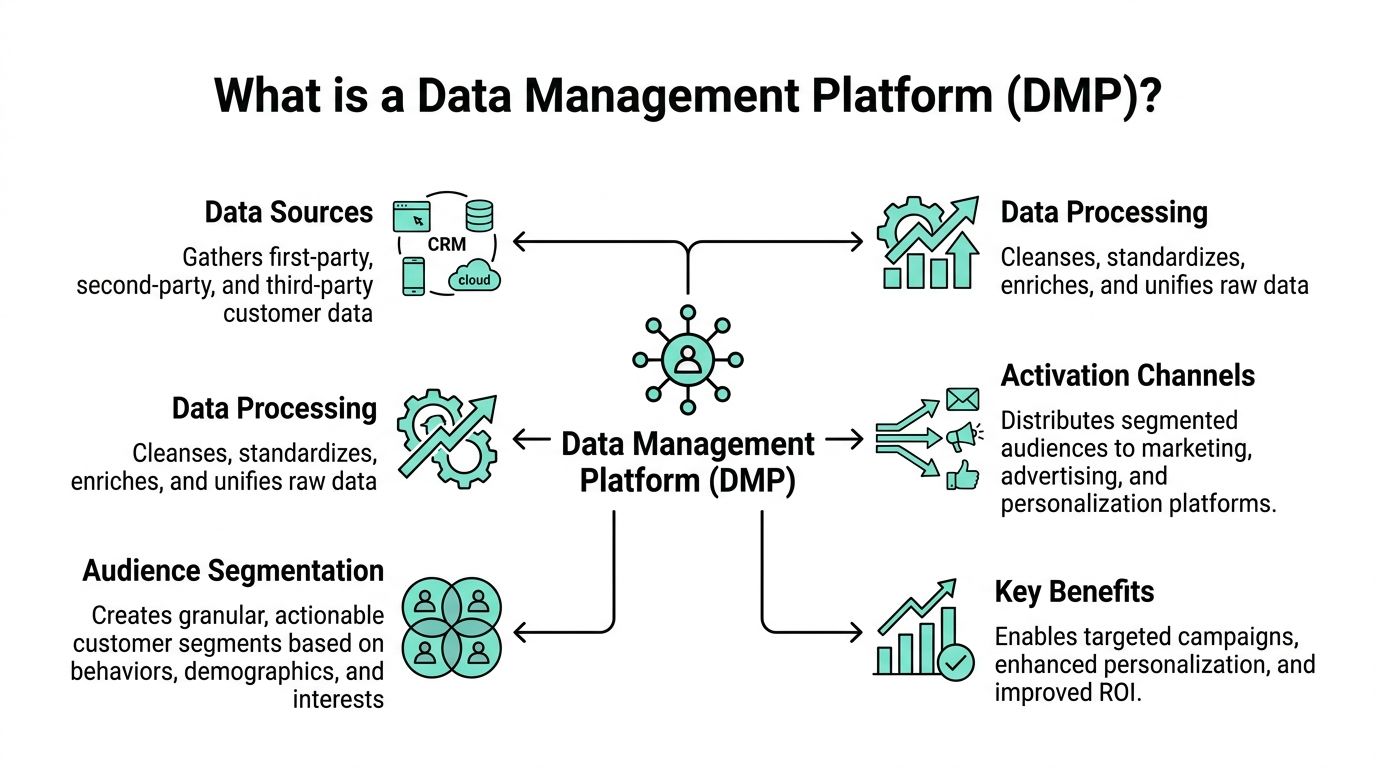 A diagram illustrating the core components and benefits of a Data Management Platform for marketing.
