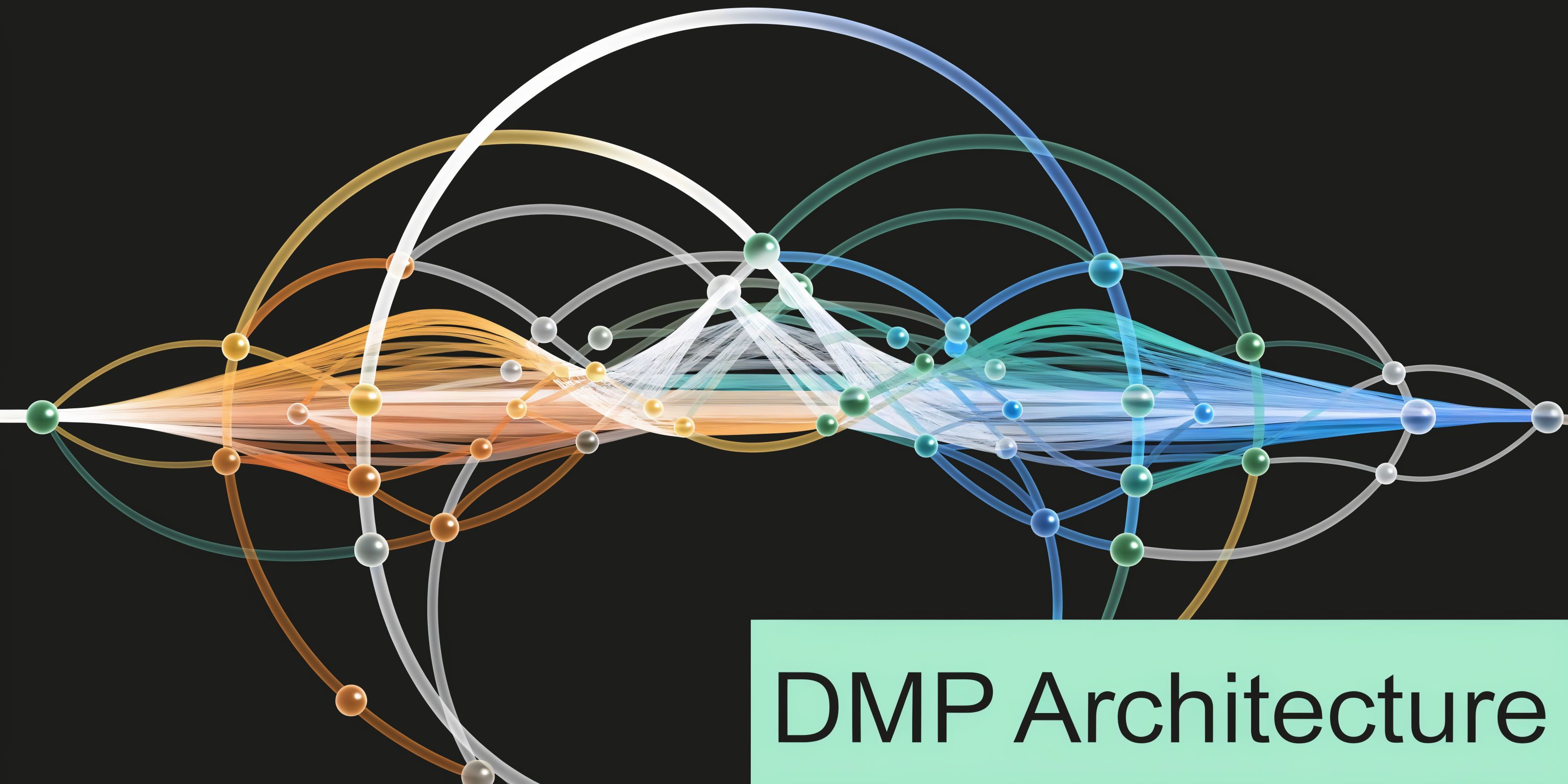 A digital visualization of a Data Management Platform architecture using interconnected glowing nodes and flowing data lines.