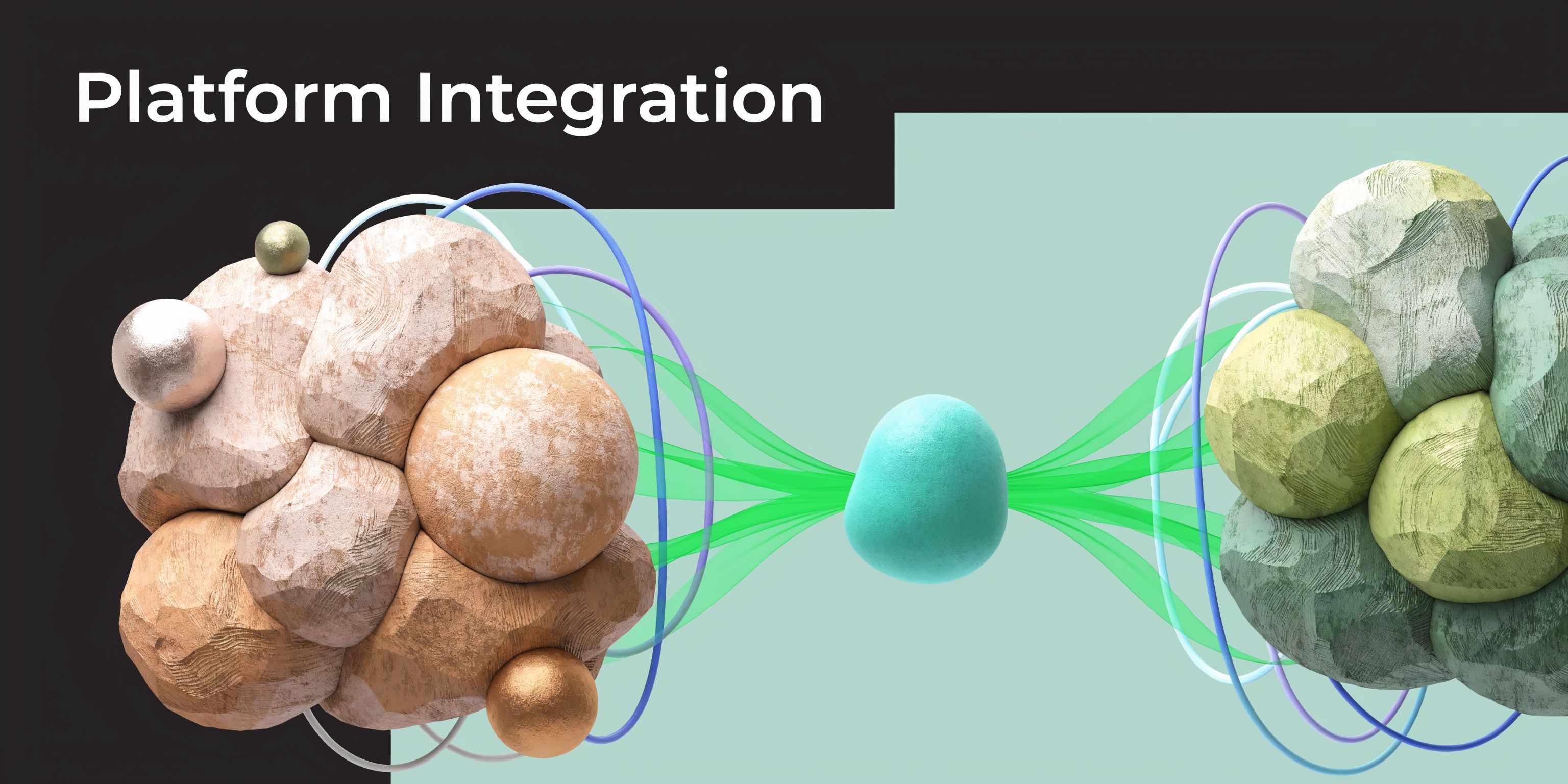 Abstract 3D illustration showing two textured clusters connected by a glowing green hub and orbital rings.