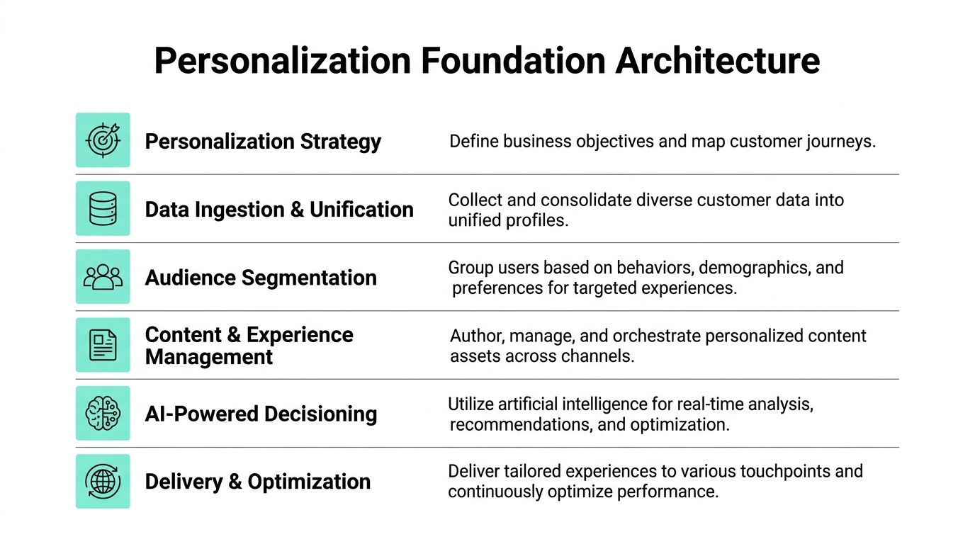 A diagram outlining the Personalization Foundation Architecture with six strategic steps for managing customer experiences.