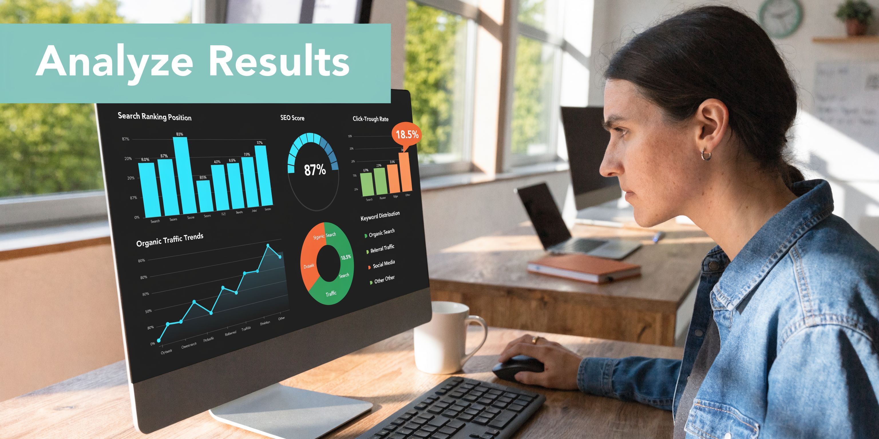 A professional woman analyzing website SEO performance metrics and traffic trends on a computer screen in office.
