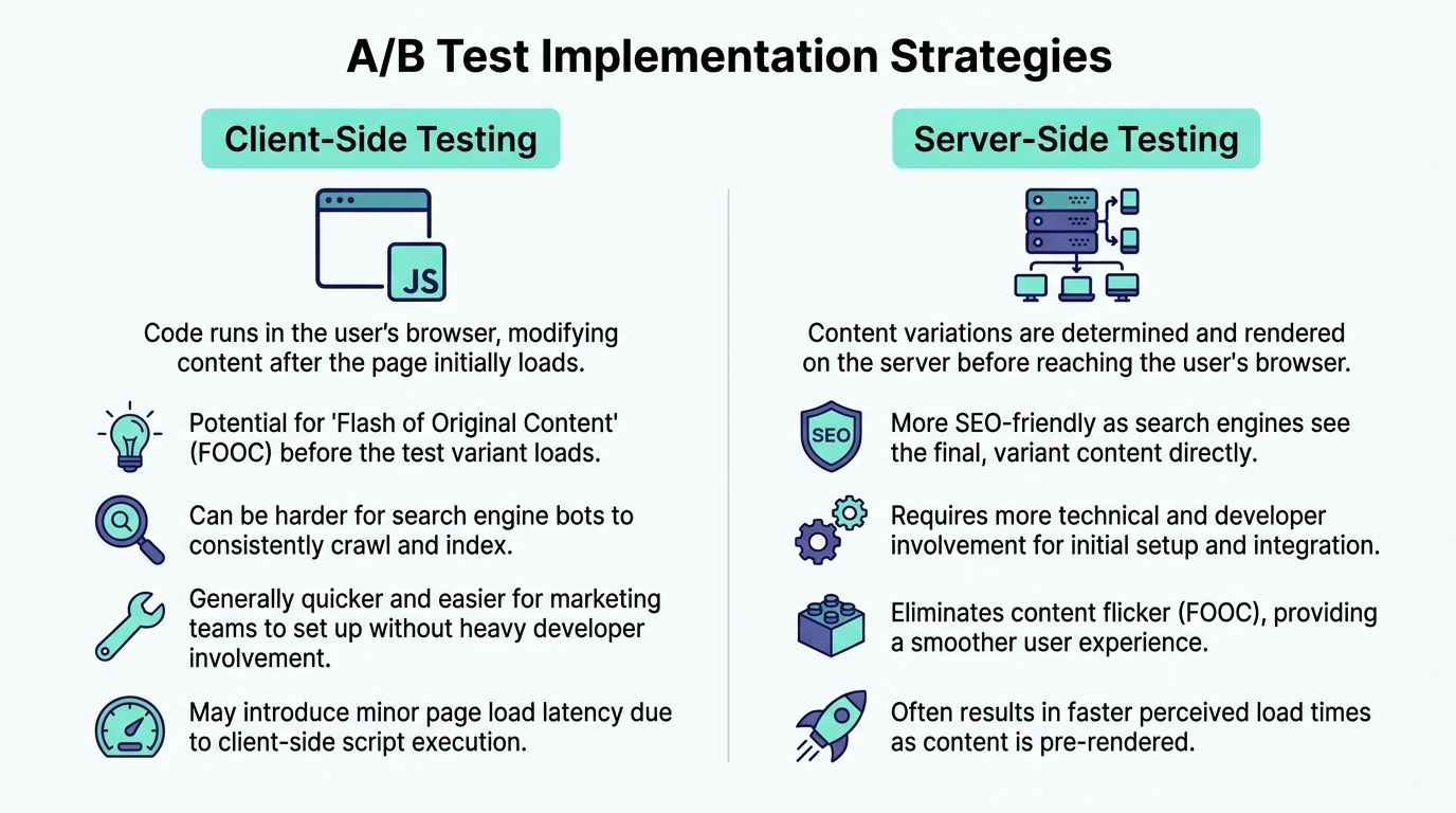 A comparison chart showing the differences between client-side and server-side A/B testing implementation strategies.