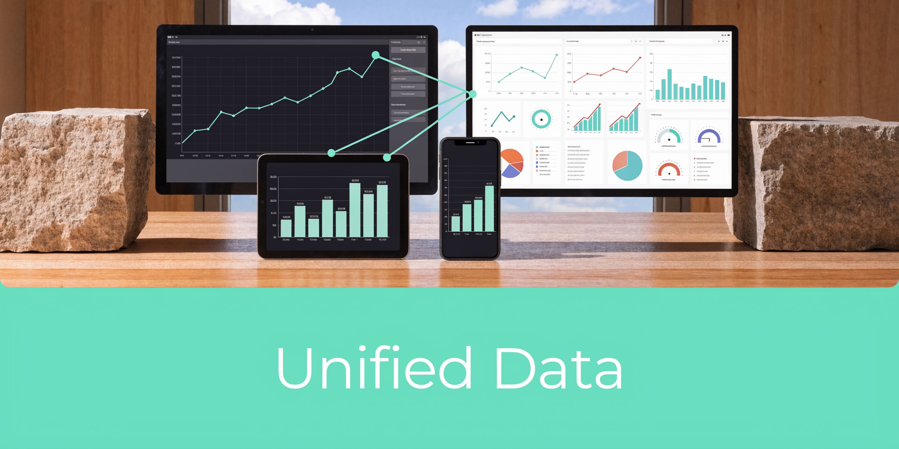 Multiple digital devices displaying various data visualization dashboards on a wooden desk with large decorative stones.