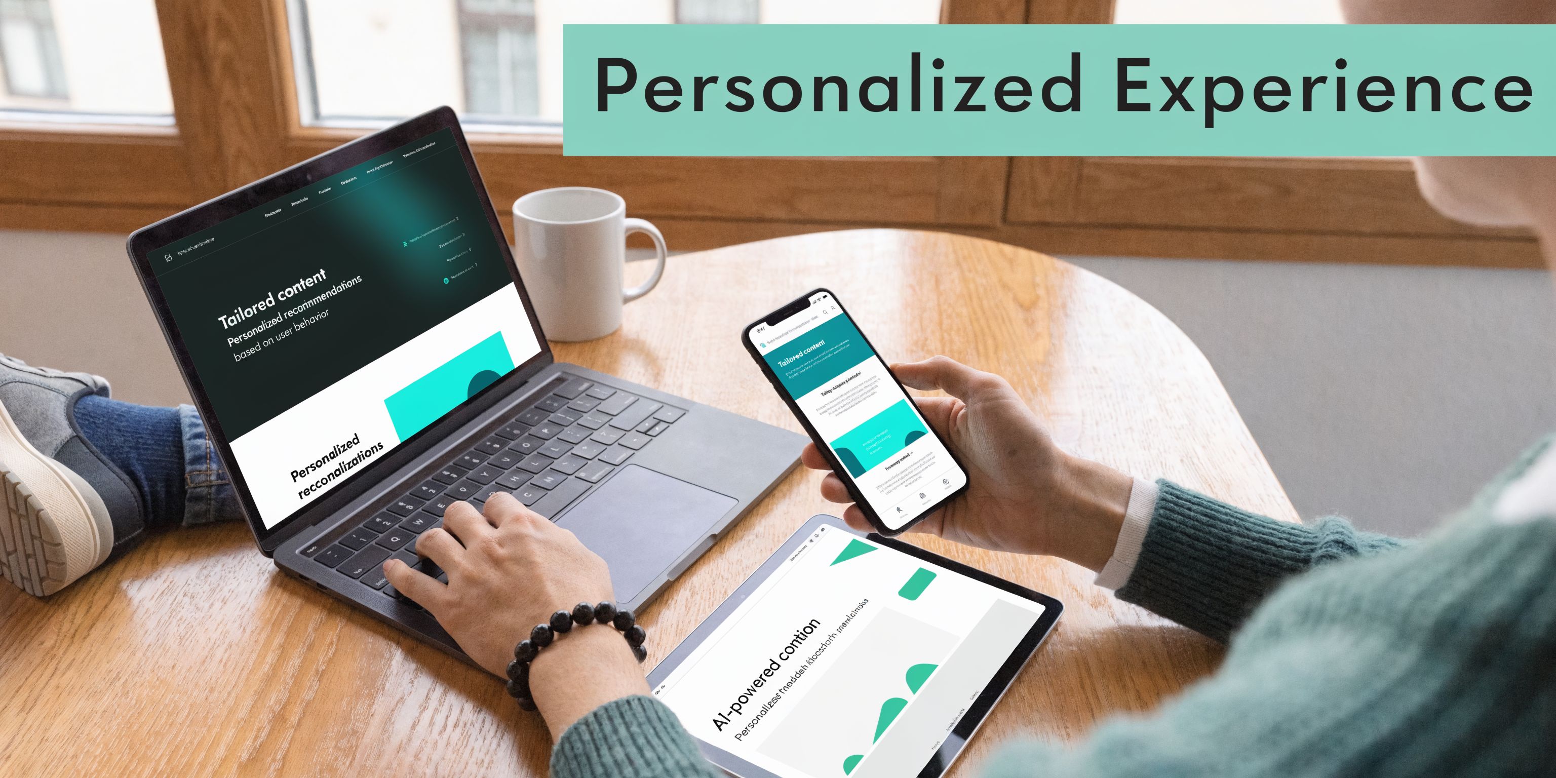A person using a laptop, smartphone, and tablet to view personalized marketing content and digital recommendations.