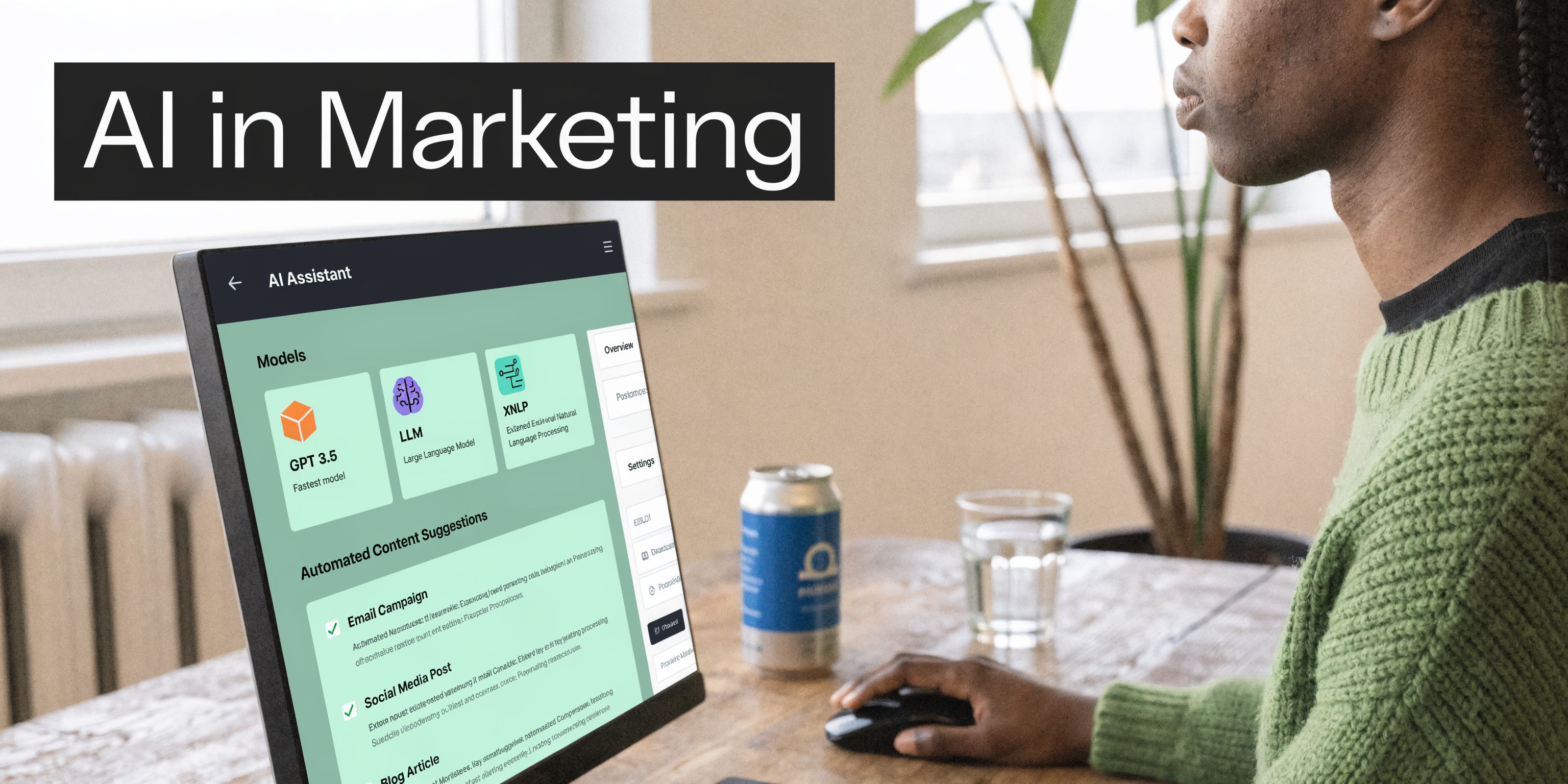 A person working on an AI assistant dashboard, highlighting content automation features on a computer screen.