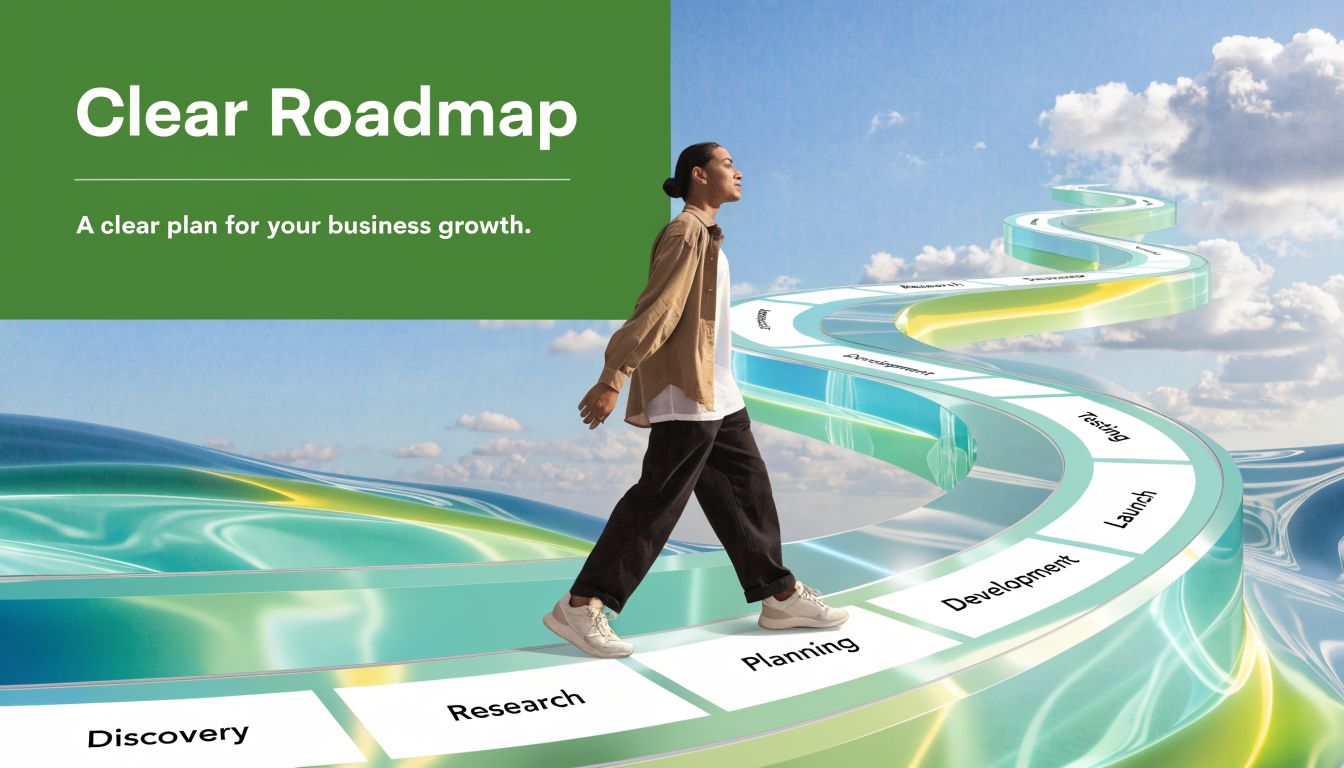 A person walking along a glowing path representing a business growth roadmap with clearly labeled stages.