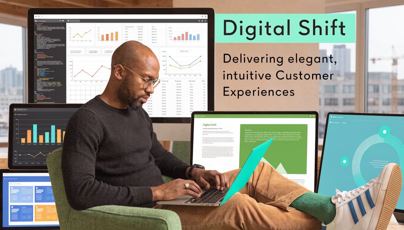 A professional working on multiple computer screens displaying data analytics dashboards and enterprise e-commerce business metrics.