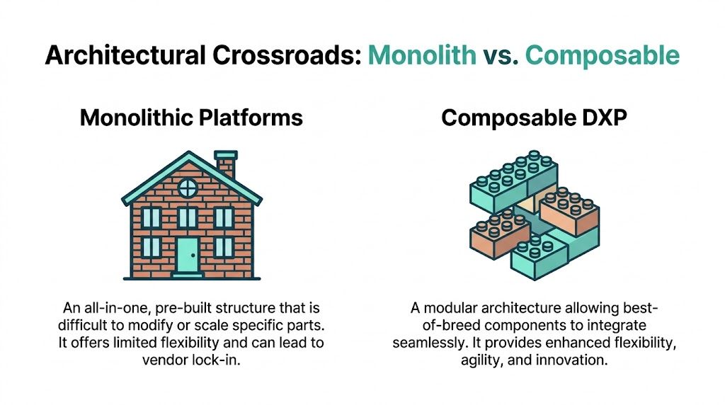 A comparison illustration showing a brick house representing monolithic platforms versus interlocking building blocks representing composable DXP.