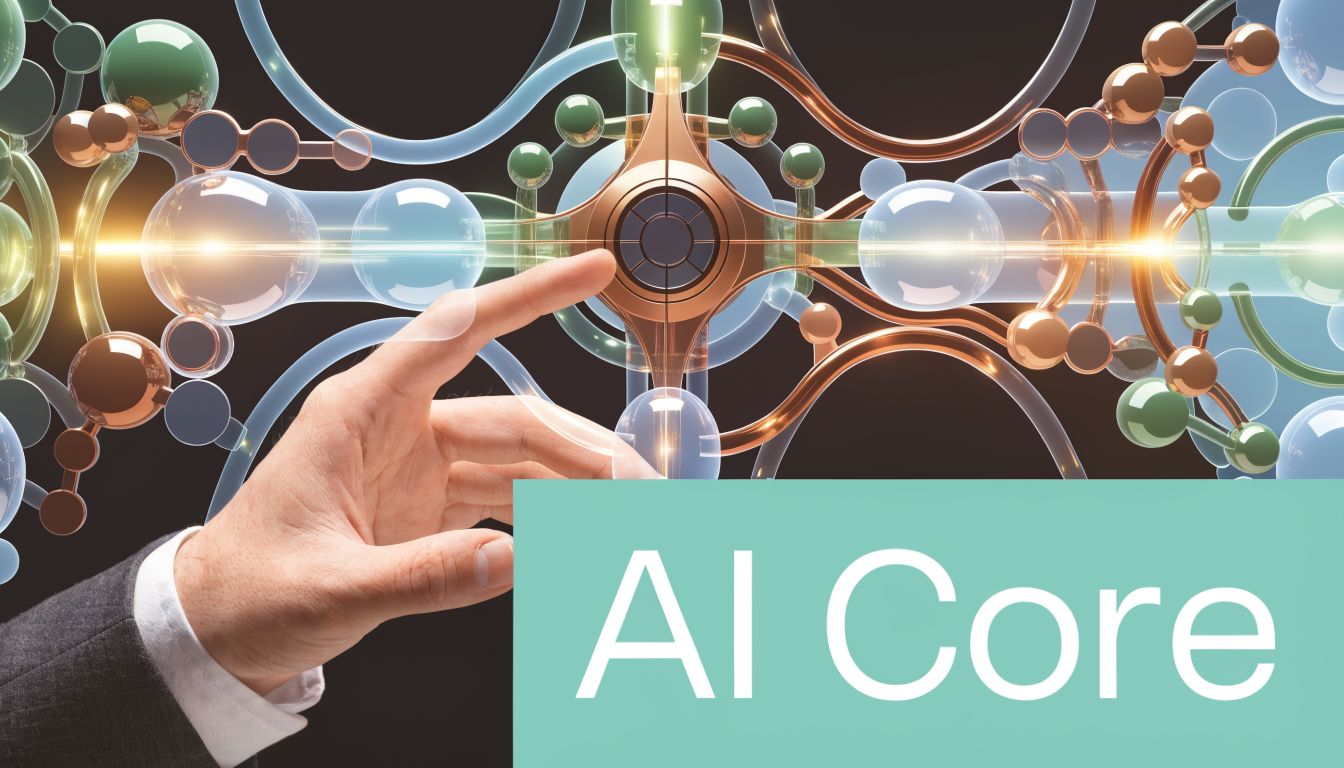 A professional hand gesturing toward a futuristic, abstract digital representation of an artificial intelligence network core.