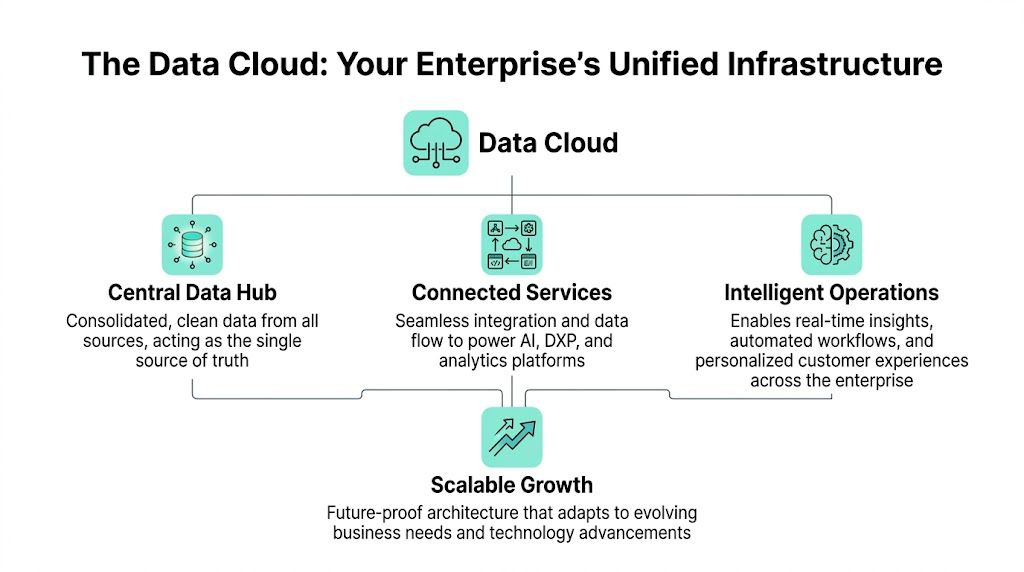 A diagram illustrating the components of a Data Cloud, including a data hub, connected services, and operations.