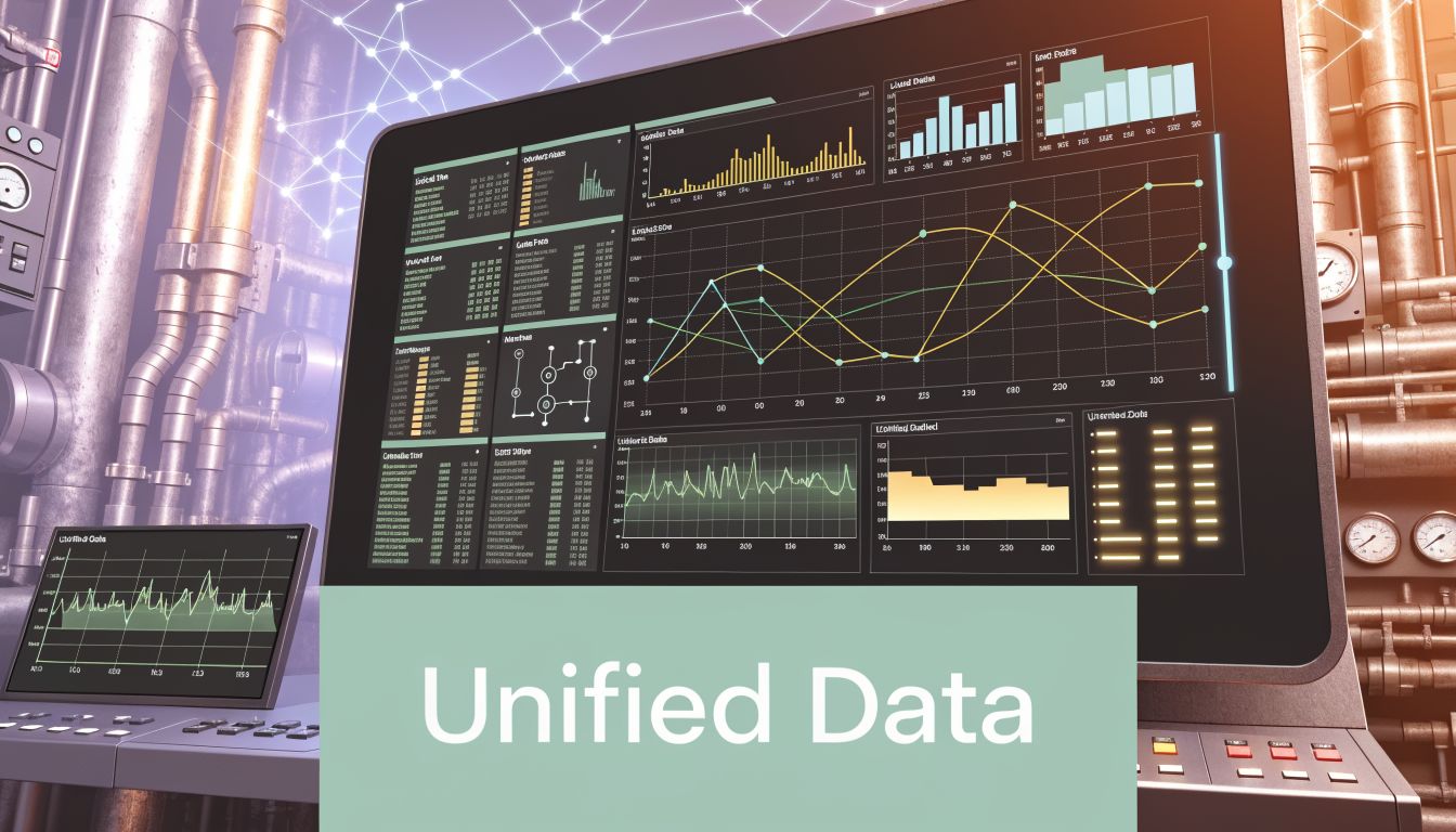 A computer monitor displaying complex data visualizations and industrial dashboard metrics in a high-tech facility.