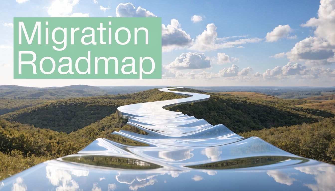 A conceptual landscape featuring a smooth metallic path winding through rolling green hills under a cloudy sky.