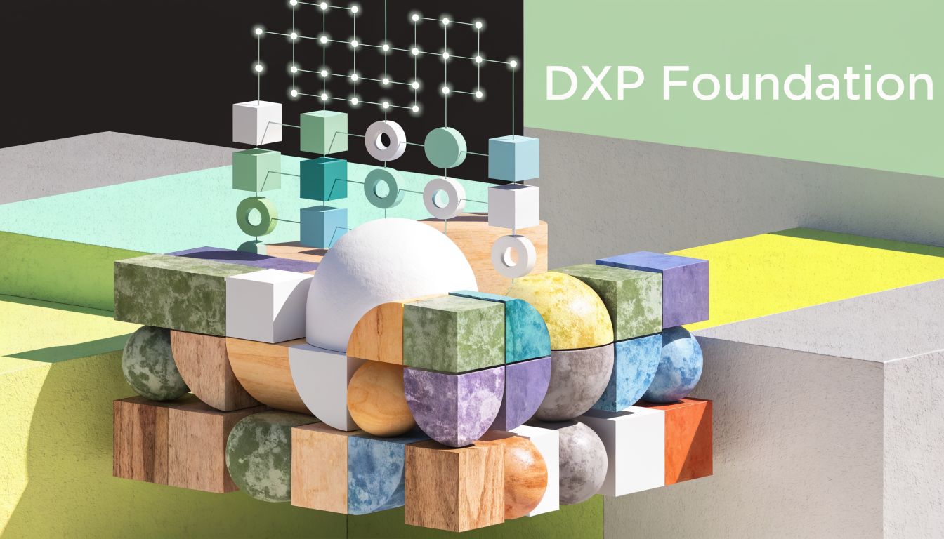 A 3D abstract composition featuring geometric shapes, textures, and a light grid with the DXP Foundation text.