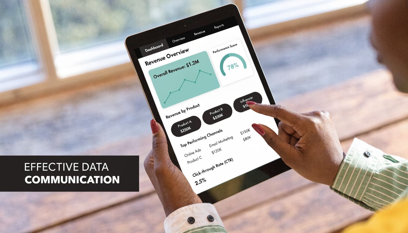 A person viewing business analytics and revenue metrics on a digital tablet screen.
