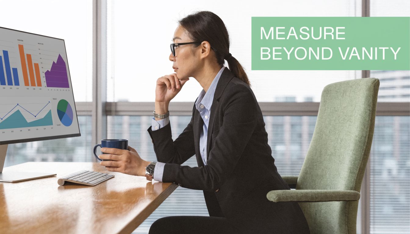 A professional businesswoman in a suit looking at business data charts on a computer screen.