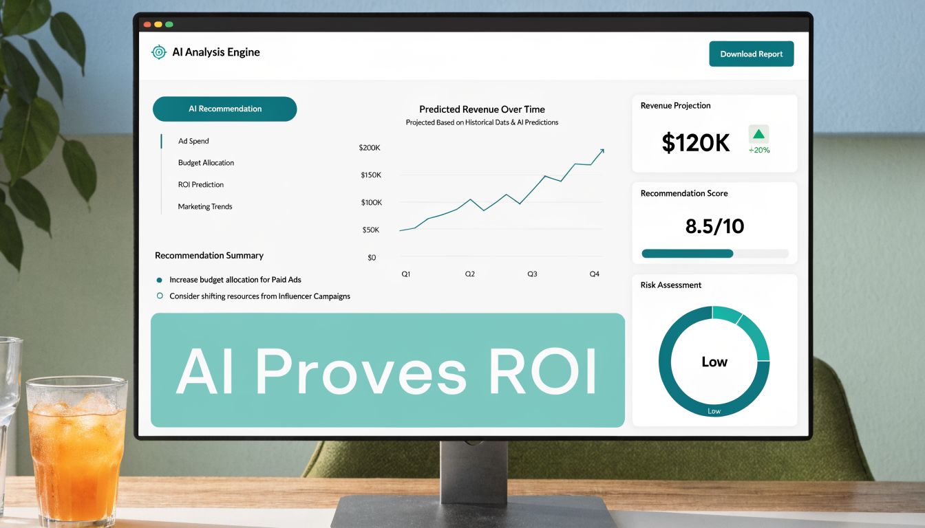 A computer screen displaying an AI analysis engine dashboard showing revenue projections and marketing ROI recommendations.