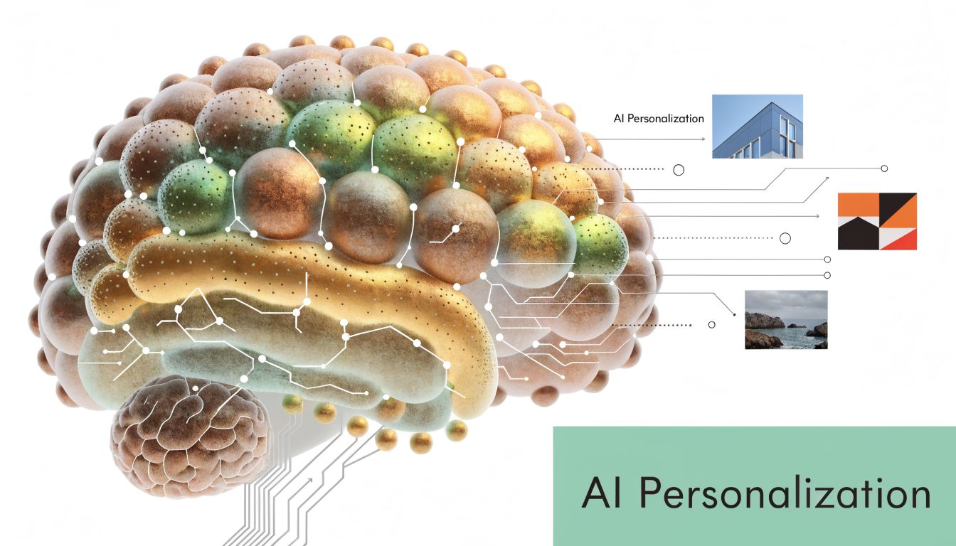 A conceptual 3D render of a digital brain connected to icons representing architecture, art, and nature.