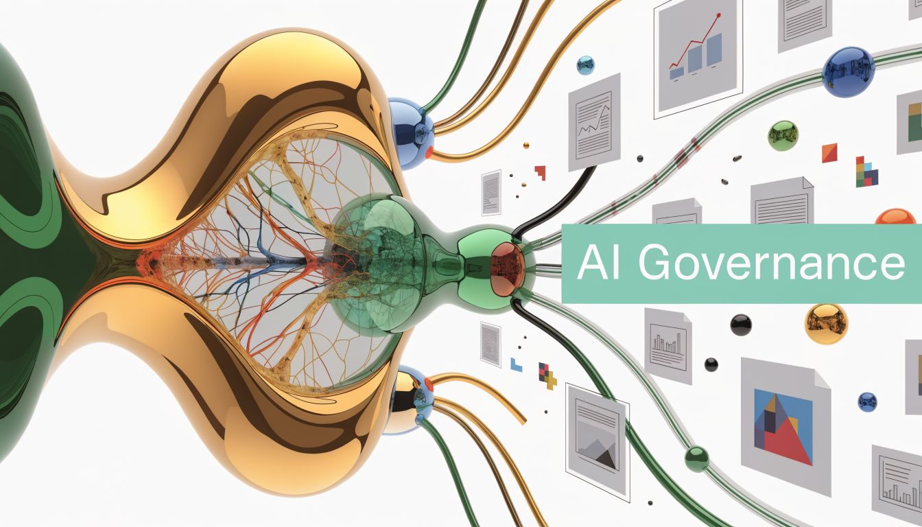 A 3D abstract visualization of AI governance with data streams and documents flowing from a central node.