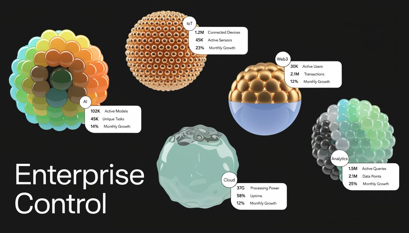 A 3D visualization showing various tech sectors like AI, IoT, Web3, Cloud, and Analytics with performance statistics.