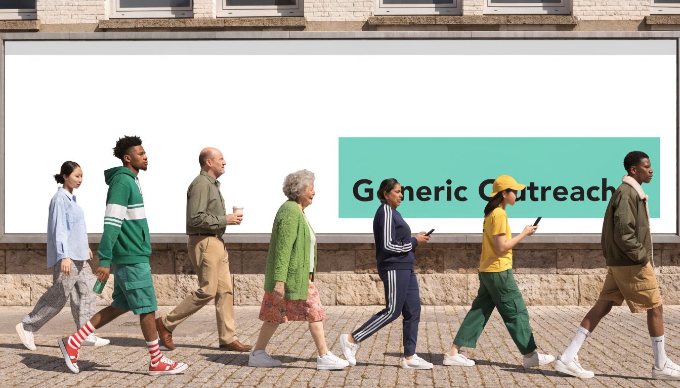 A diverse group of people walking together in front of a large billboard featuring generic branding