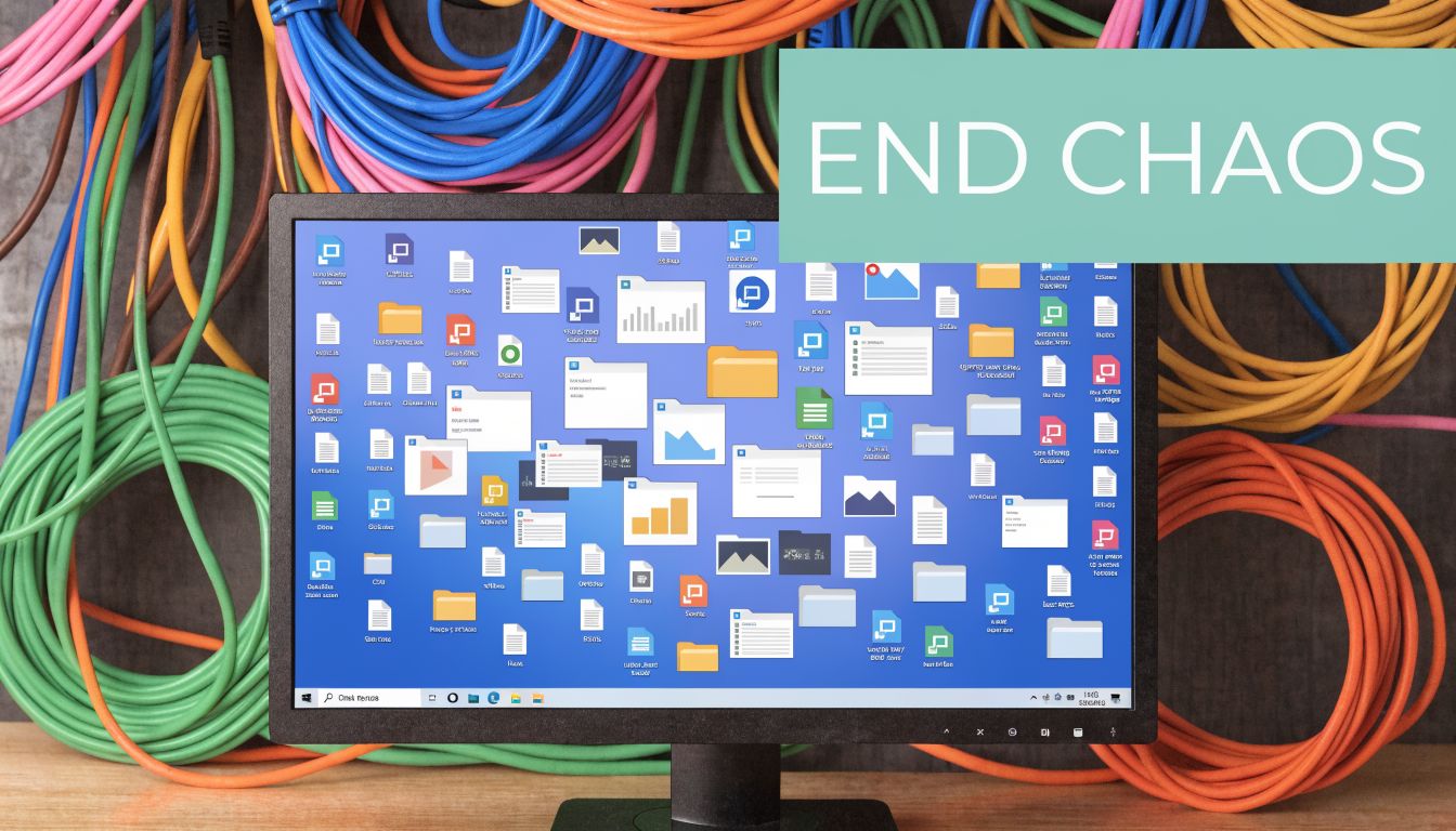A computer monitor display crowded with numerous disorganized digital file icons against a background of tangled colorful wires.